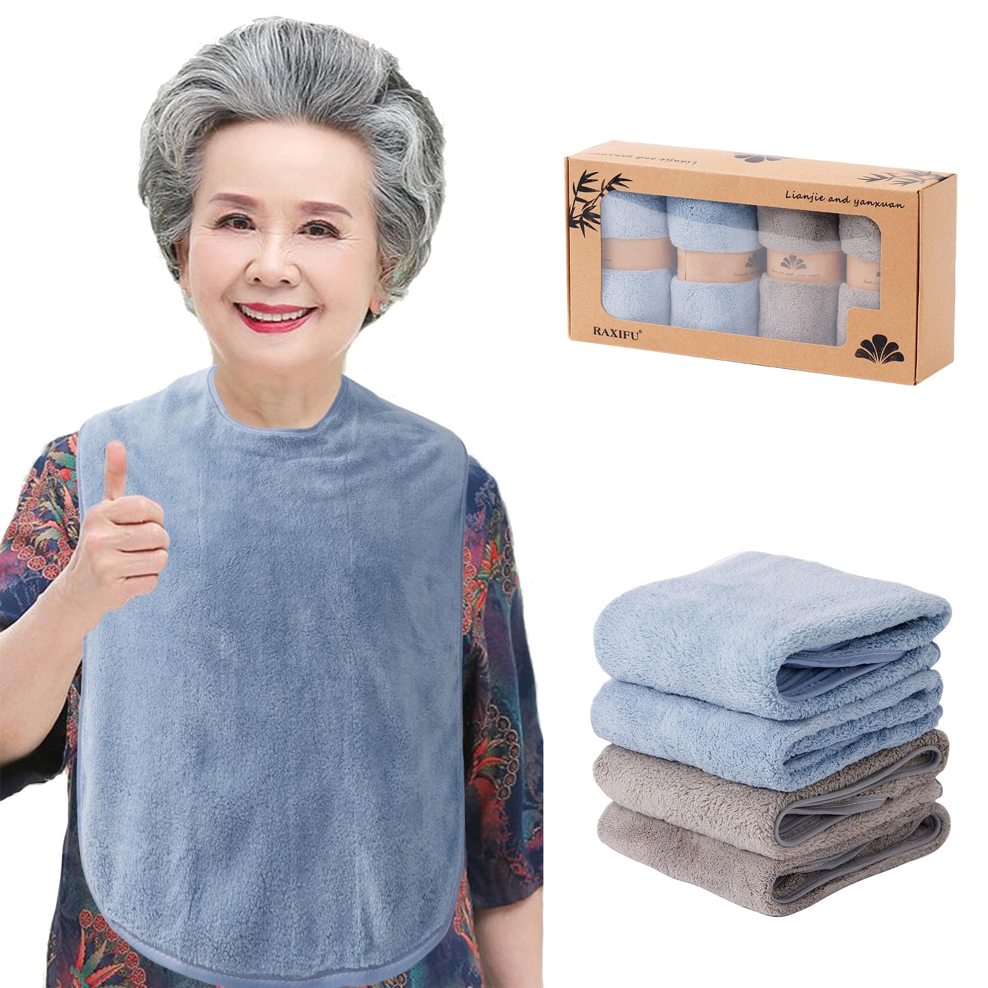 RAXIFU 4 Pack Adult Bibs for Men and Women, Adult Bibs for Elderly, Large Towel bibs for Special Needs Adults