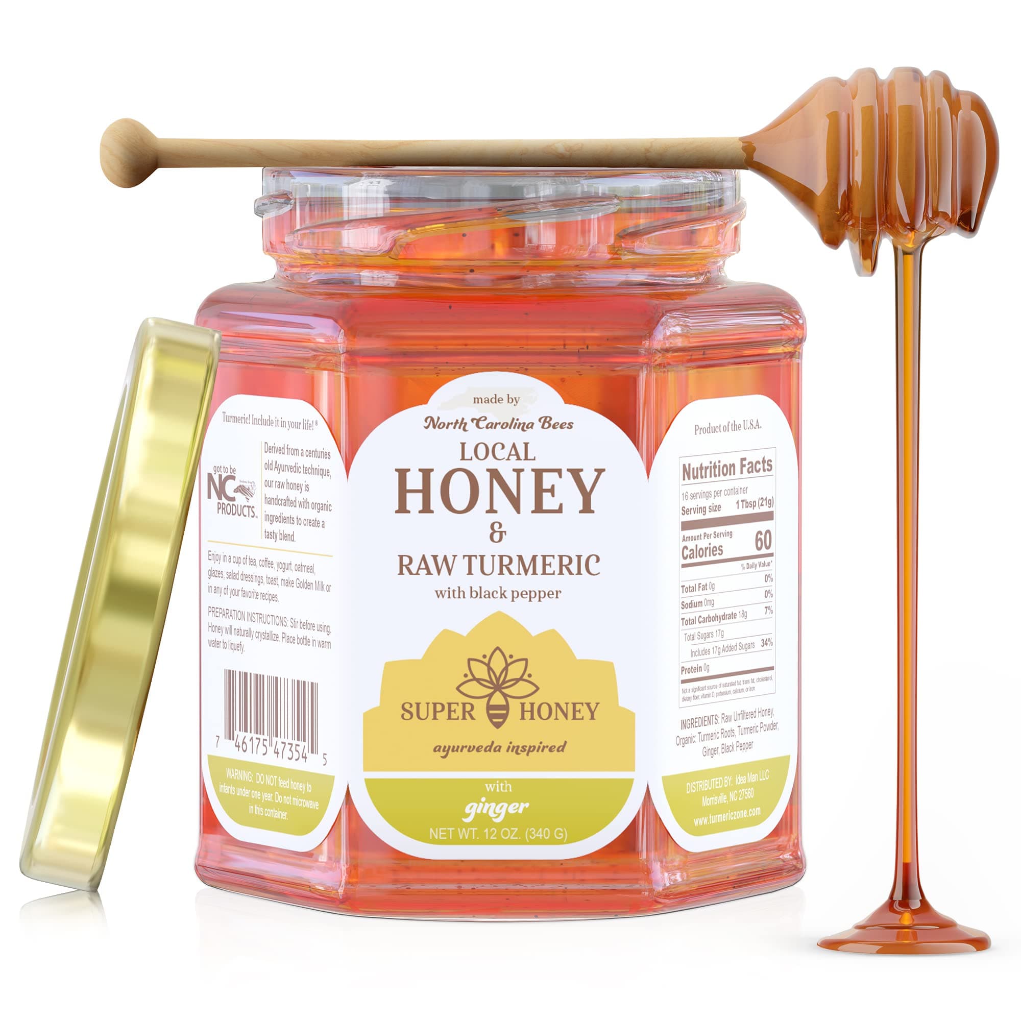 SUPER HONEY North Carolina Honey with Turmeric, Ginger and Black Pepper, Ayurveda Inspired 100% Wildflower Pure Raw Honey, Unfiltered and Naturally Delicious - 12oz. Glass Jar