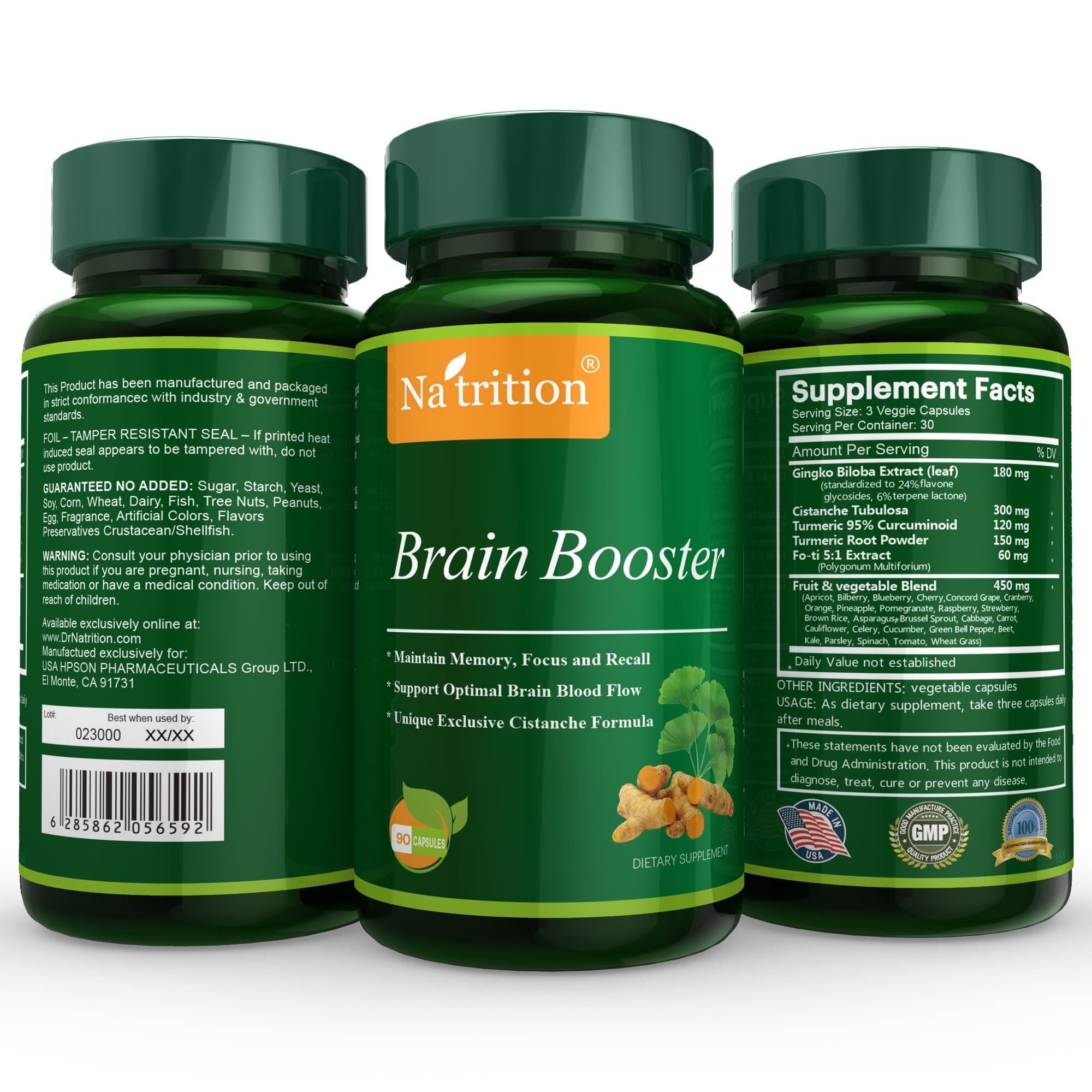 Natrition Brain Booster - Ginkgo Biloba, Turmeric, Cistanche Tubulosa, Fo-ti Extract Blend - Natural Antioxidant Support for Brain Function - Clarity, Focus and Memory Enhance - 90 Veggie Capsules