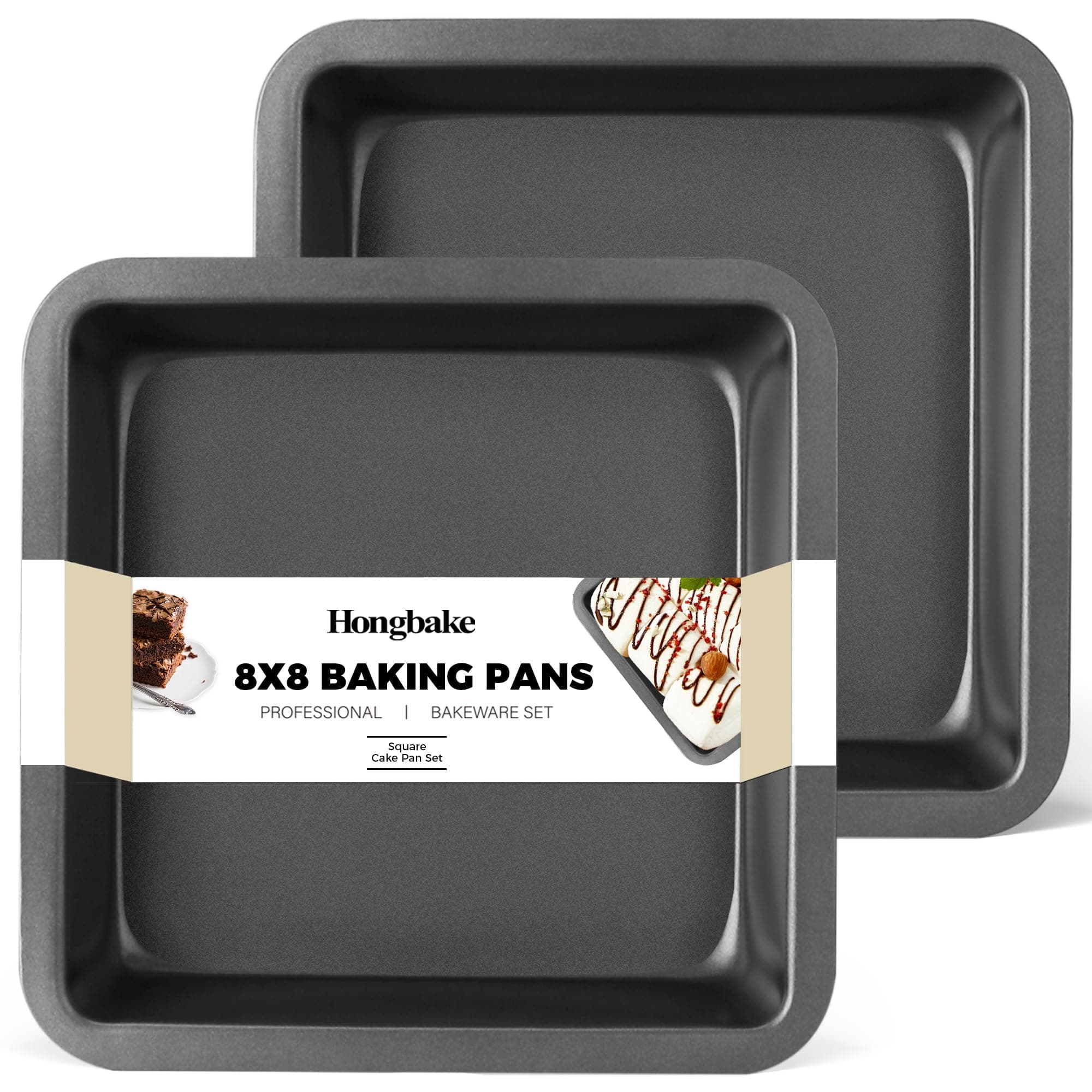HONGBAKE Square Cake Baking Pan, Nonstick 8x8 Inch Brownie Pans with Wide Grips, 2 Pieces, Dishwasher Safe, Premium, Dark GreyGrips, Dishwasher Safe, Premium, Dark Grey
