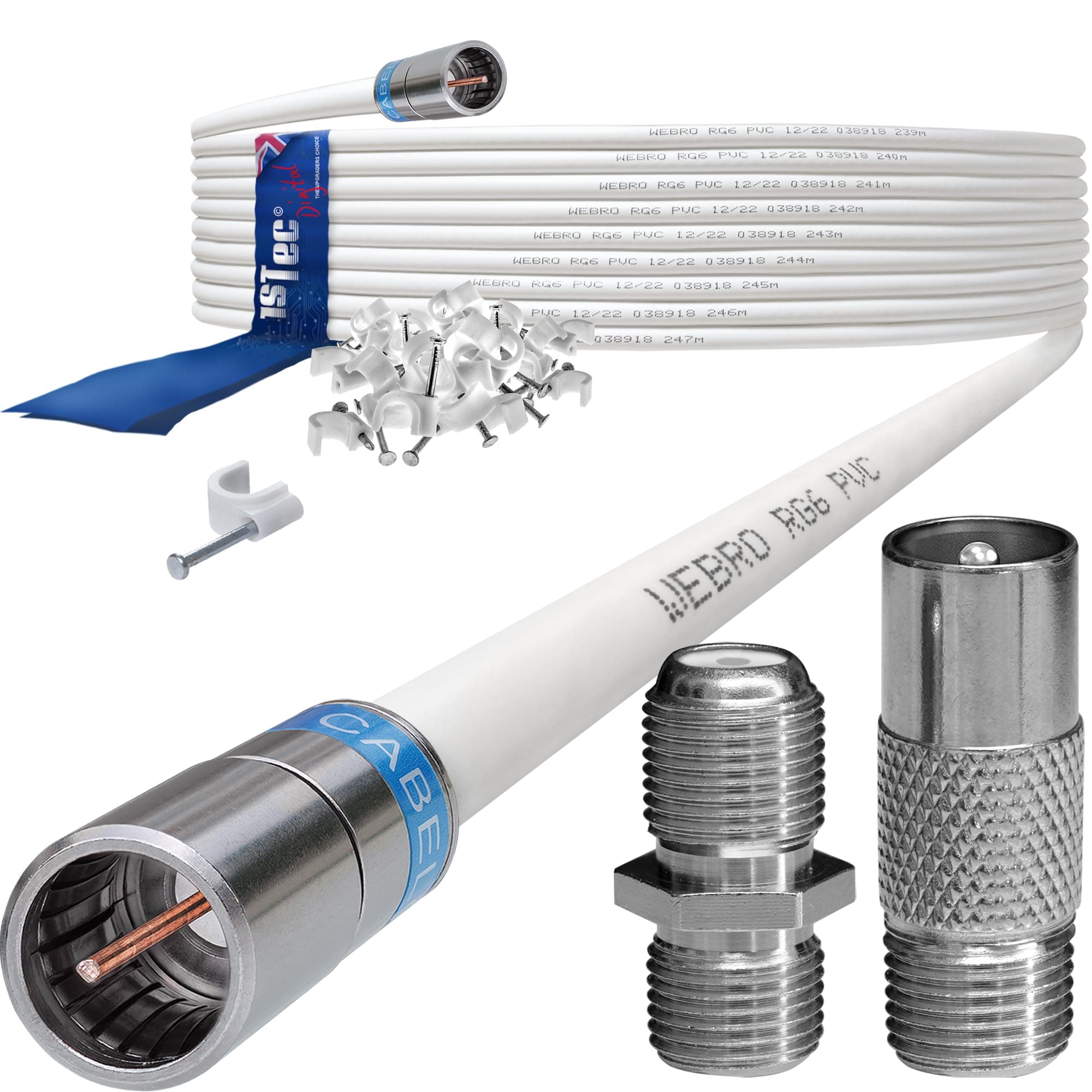 10m White Virgin Media Quick Fit Male Push On or Over Female F-connector Technetix Isolator IEC Webro Extension Cable for V6 TIVO Set Top Box VIVID Fibre Super Hub Broadband Modems to 10 Metre