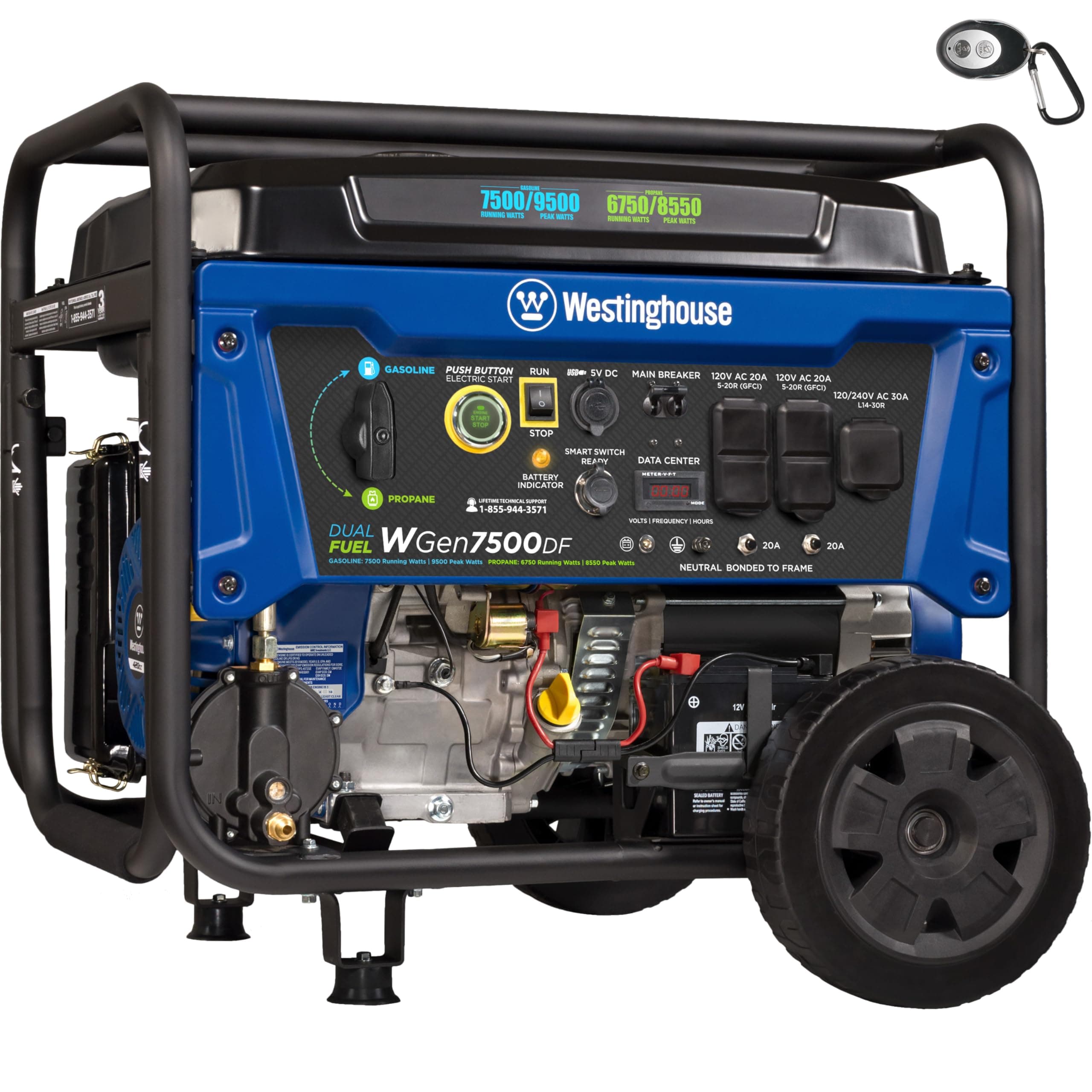Westinghouse WGen7500DF Dual Fuel Portable Generator - 7500 Rated Watts & 9500 Peak Watts - Gas or Propane Powered - CARB Compliant