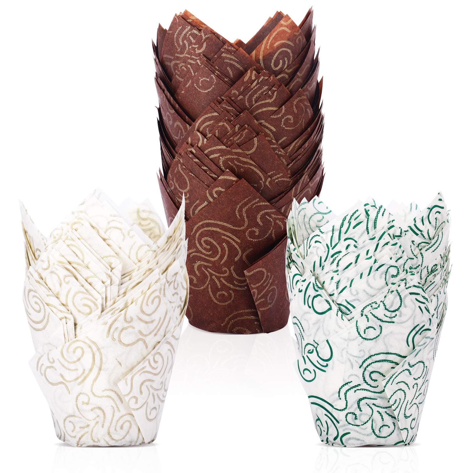 BAKHUK 200pcs Tulip Cupcake Liners, Baking Cups Muffin Liners Wrappers for Wedding, Birthday, Christmas, Baby Shower Party in 3 Patterns(Brown, White)