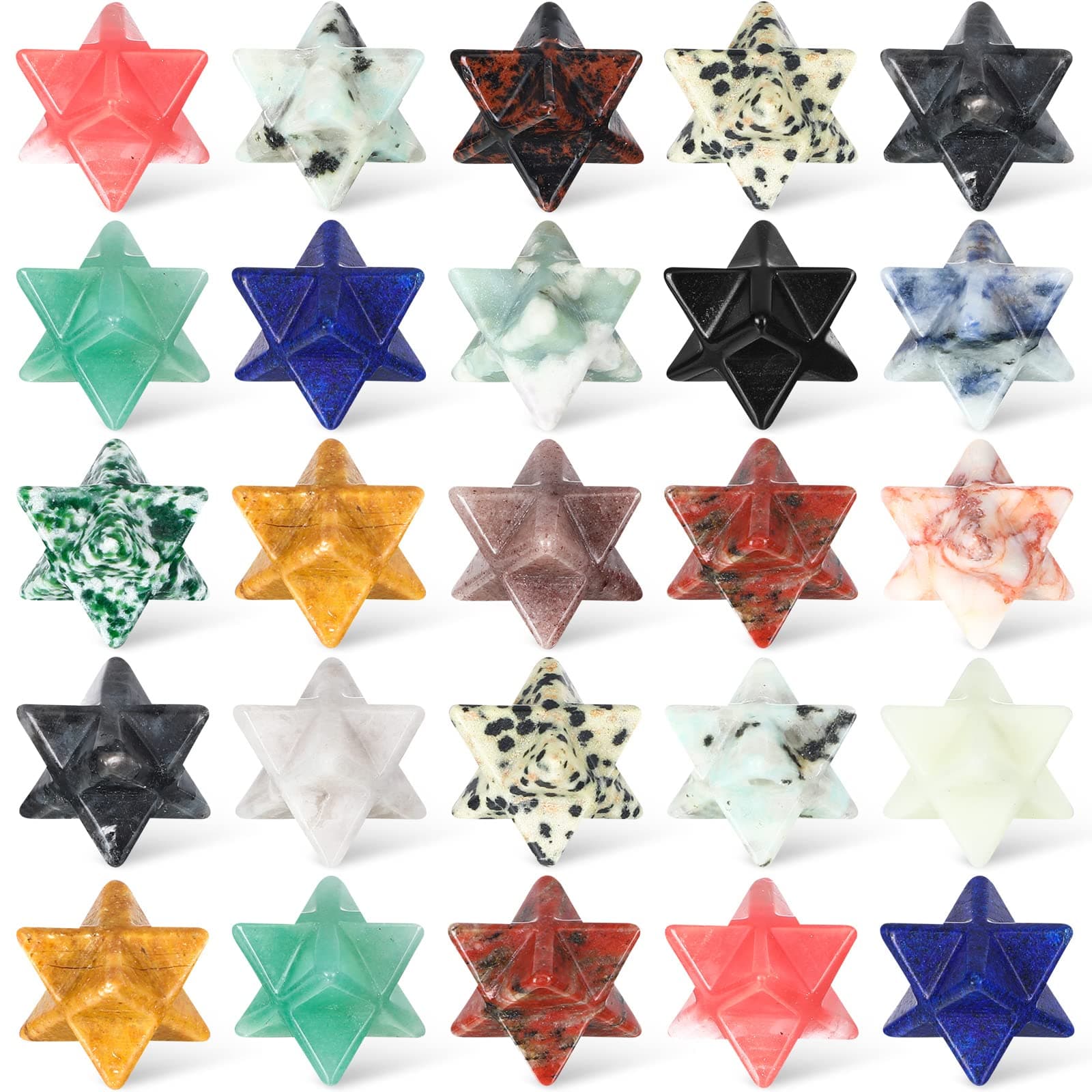 Nuenen 25 Pieces Merkaba Star Crystal Worry Stones Bulk 0.7 Inch Mini Crystals and Healing Stone Carved Merkaba Star Gemstone Chakra Stones for Witchcraft Meditation Balancing Jewelry Pendant Decor
