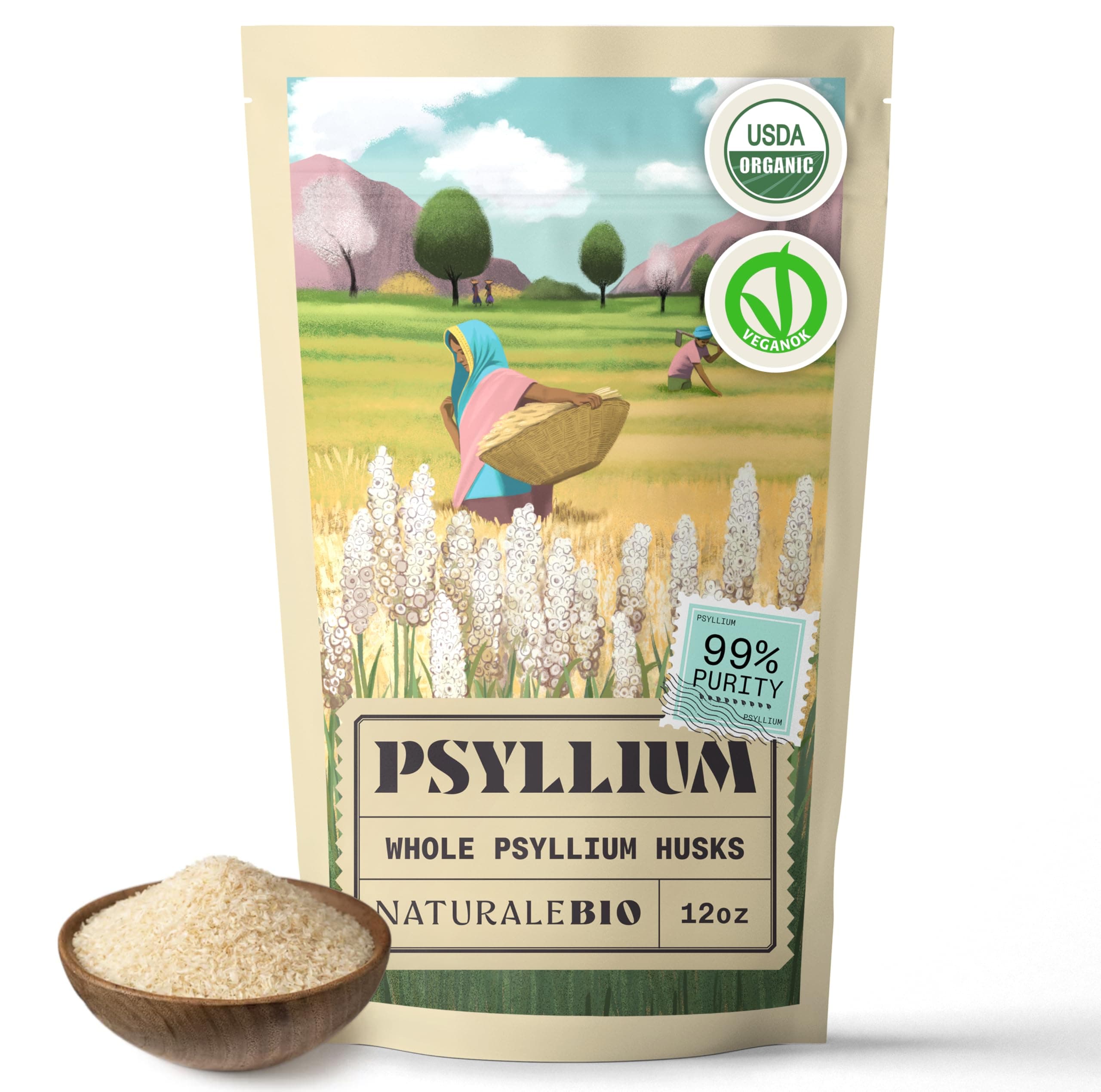 Organic Whole Psyllium Husk 12oz (340g). 99% Pure Psyllium Seed Husks. USDA Organic Certified. Isabgol Natural Fiber for Keto, Paleo, Vegan & Gluten-Free Diets.