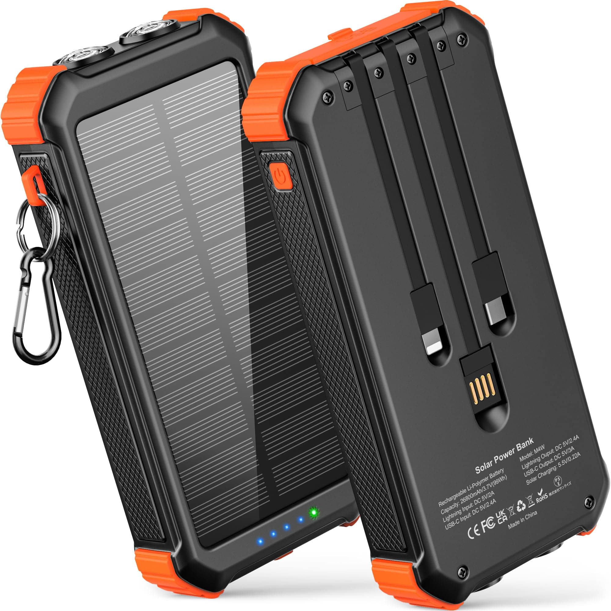Solar Power Bank 26800mAh with 3 Cables, Power Bank 15W Fast Charging 3 Inputs 4 Outputs, Solar Charger Built-in Dual Flashlights with 3 Modes(Steady-SOS-Strobe) for Camping Outdoors (Orange)