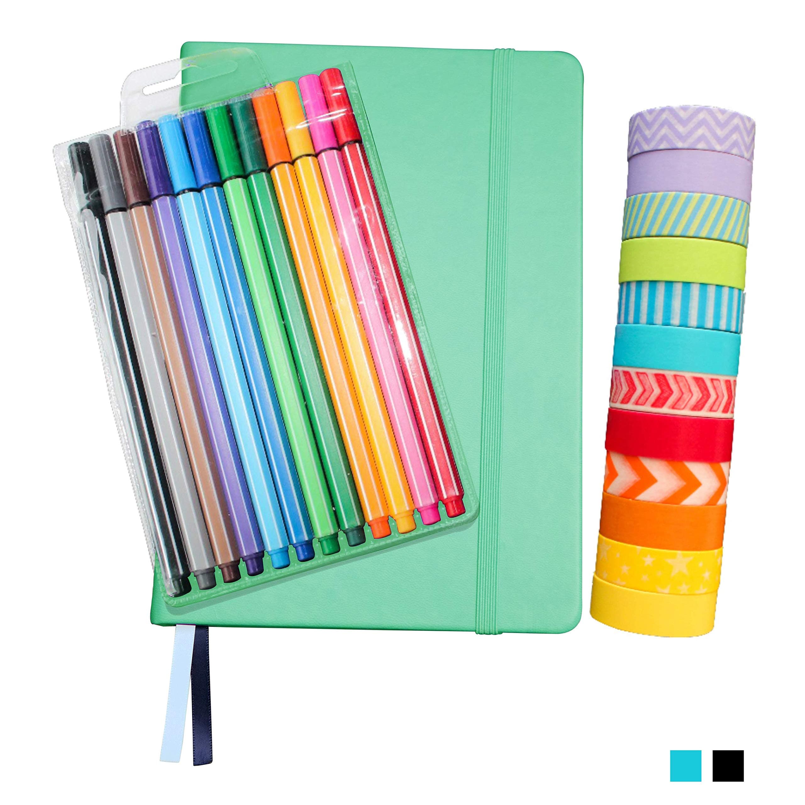 Bullet Dotted Journal Kit with Supplies - Aqua A5 Hard Cover Dotted No-Bleed Page Notebook, 12 Fineliner Pens, 12 Washi Tapes - All-in-One Starter Set for Bullet Journals by Wonderful Washi