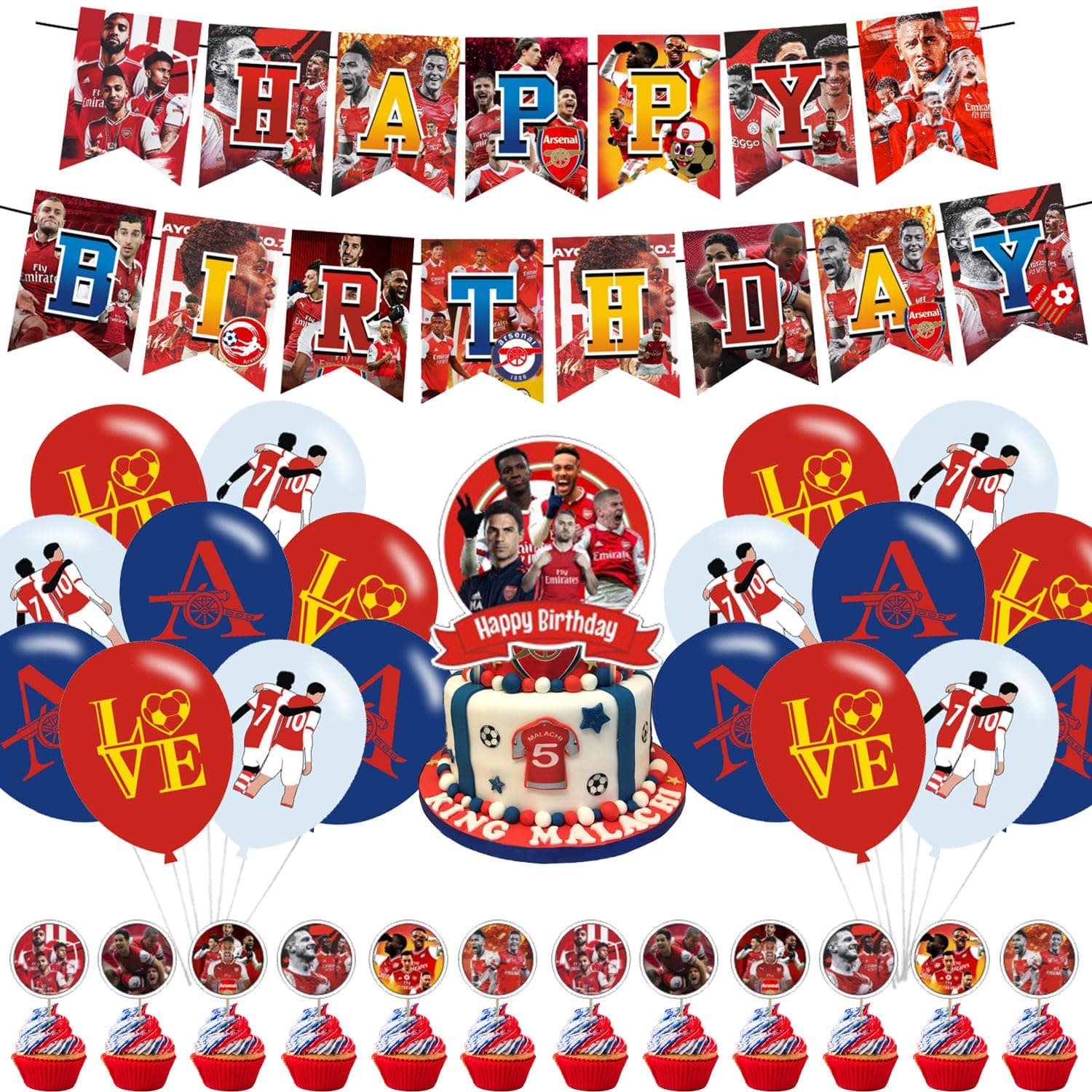 FC Soccer Star Saka Theme Party Supplies with Happy Birthday Banner, Cake Topper, Cupcake Toppers for Fans Adults Party Favors
