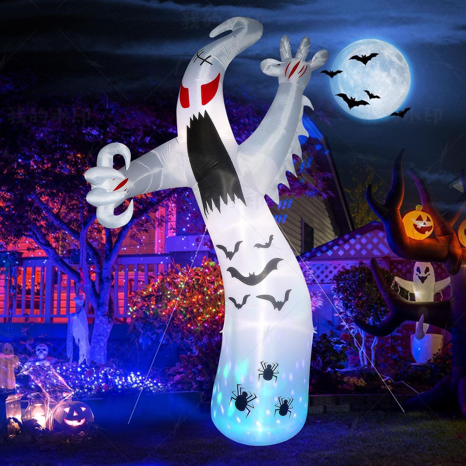 Lumiwind 12Ft Halloween Inflatables Giant Ghost with Built-in Colorful Changing LED Lights, Ghosts Blow Up Yard Halloween Outdoor Decoration for Lawn Yard Garden Holiday Party
