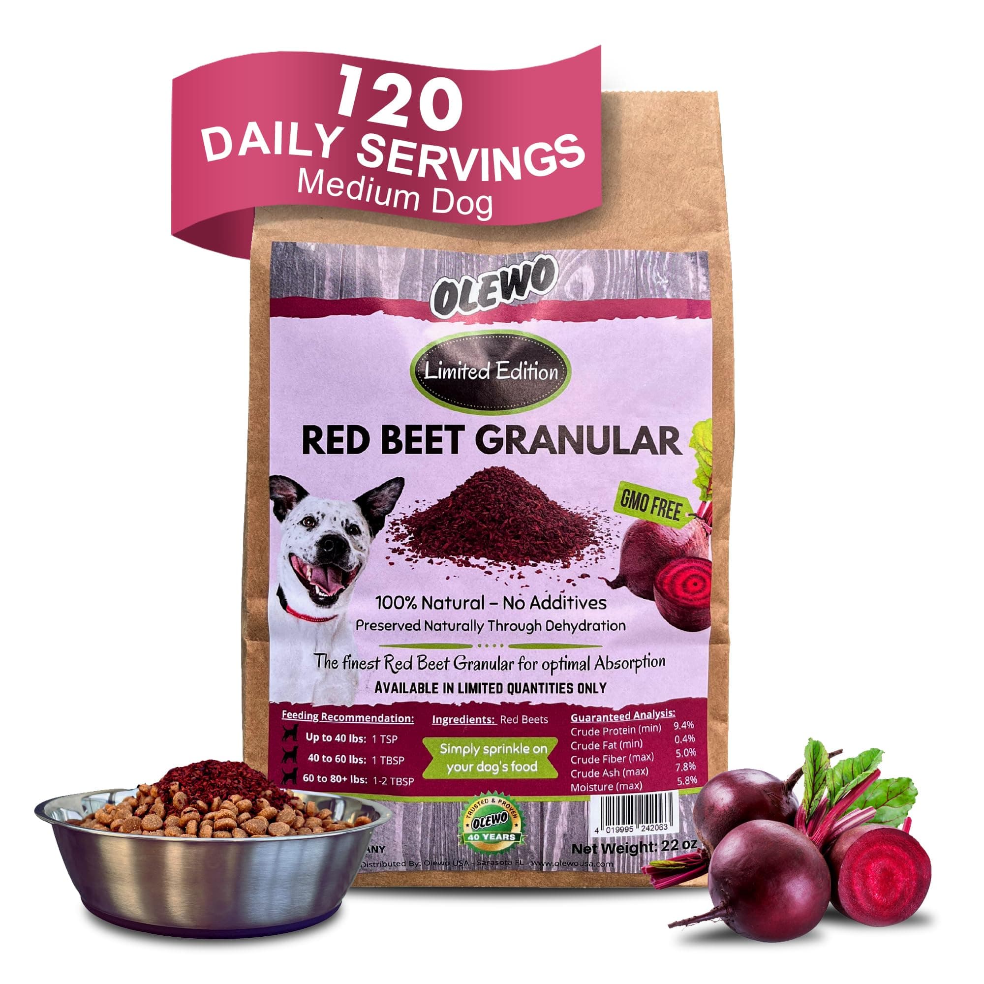 Red Beets for Dogs Granular – Natural Anti Itch Dog Food Topper, Immune, Cleansing, Skin & Coat Support, Dehydrated Whole Food Multivitamin & Fiber, 22 oz