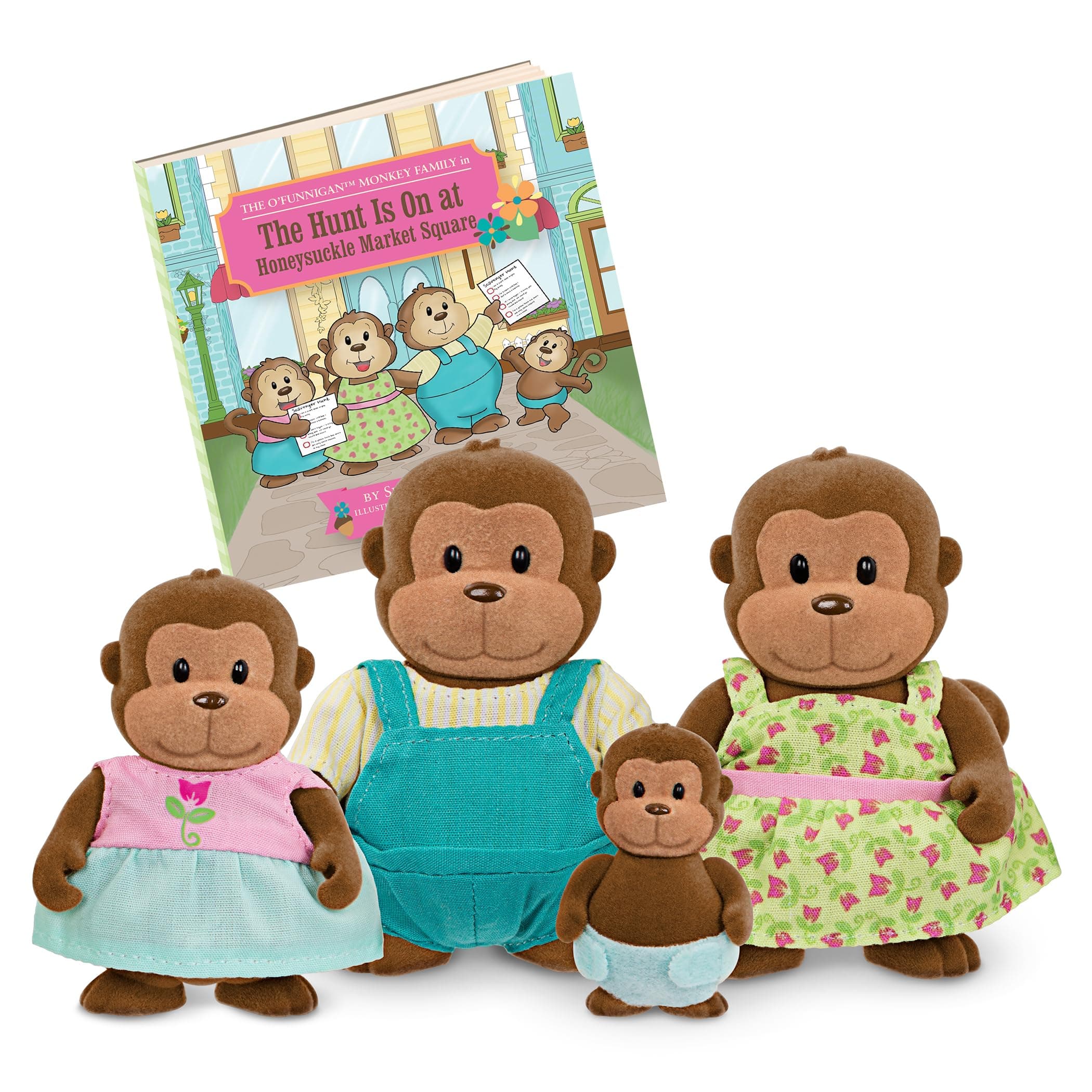 The O'Funnigan Monkey Family – Set of 4 Collectible Posable Figures with Storybook for Imaginative Pretend Play – Fun Toy for 3+ Years