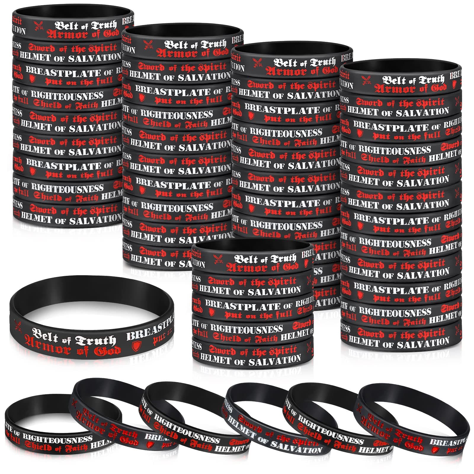 Kathfly 60 Pcs Armor of God Silicone Wristband Bracelets Ephesians 6: 10-18 Rubber Bible Verse Motivational Wrist Bands Inspirational Christian Religious Church Gifts in Bulk for Men Women Teenager