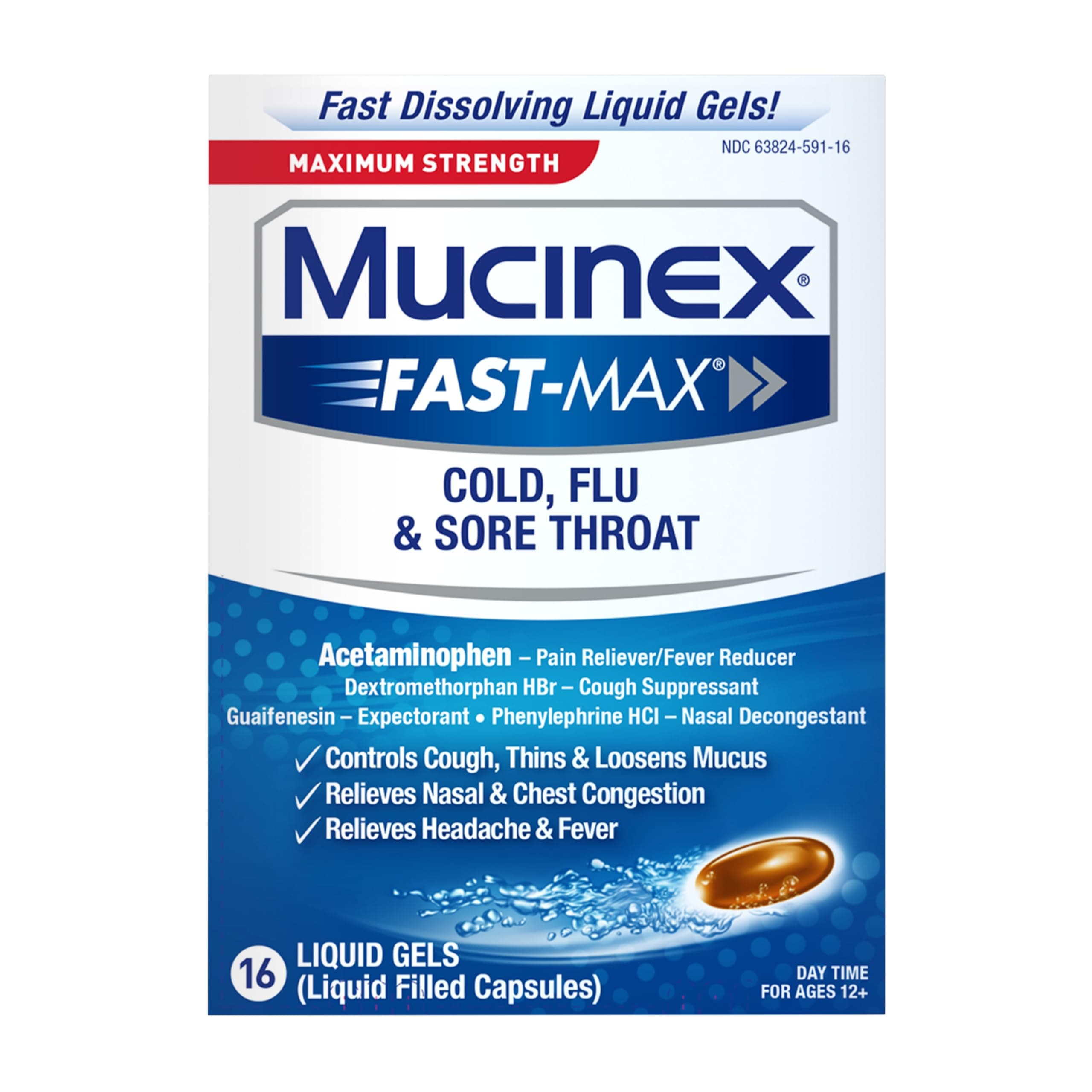 Mucinex Fast-Max Maximum Strength Cold, Flu & Sore Throat, Multi-Symptom Relief, Pain Reliever, Fever Reducer, Cough Suppressant, Expectorant, Nasal Decongestant, 16 Liquid Gels