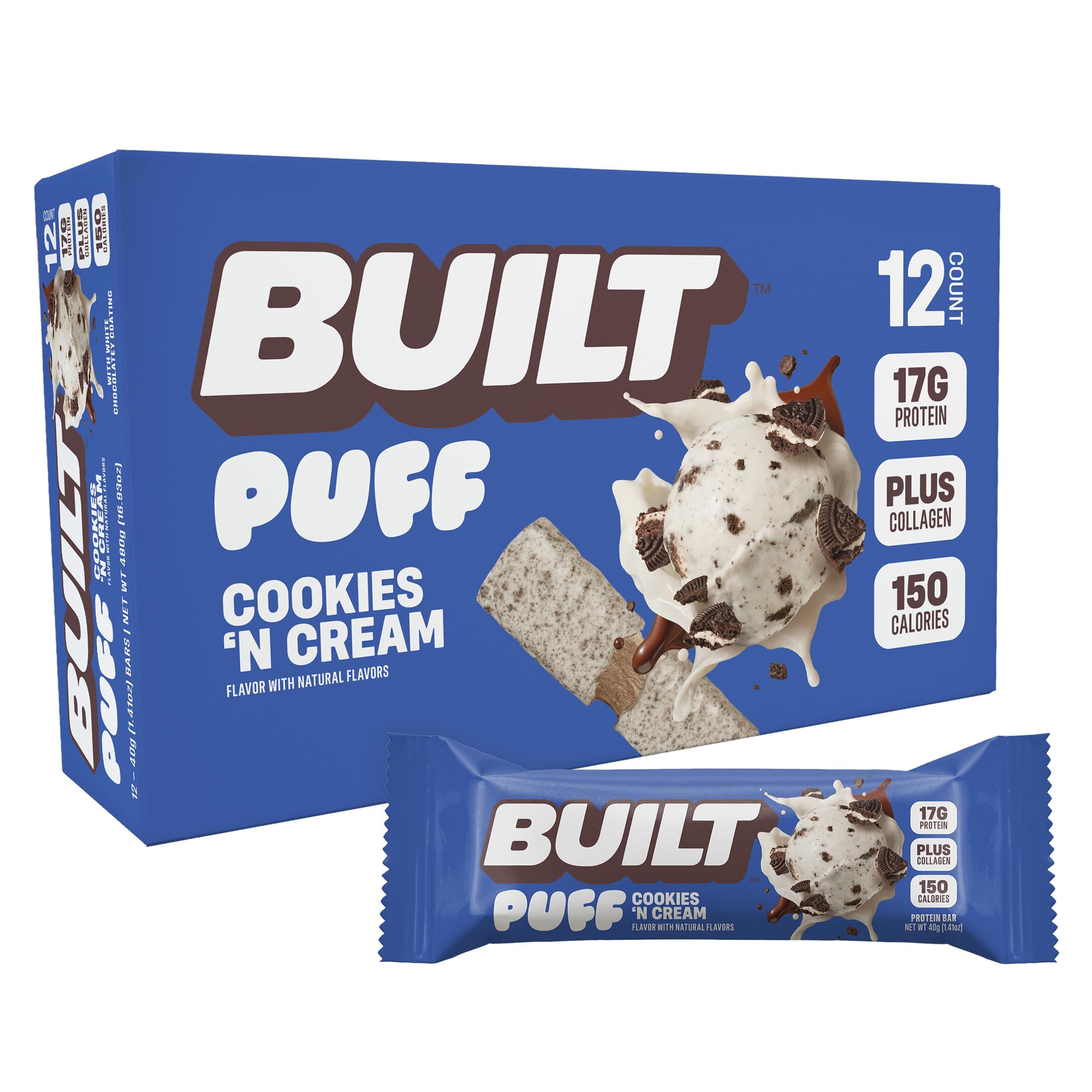 BUILT Bar Puff Protein Bars - Cookies 'N Cream - 17g Protein Snack Bars with Collagen - Calorie Conscious, No Gluten Free - 12 Count