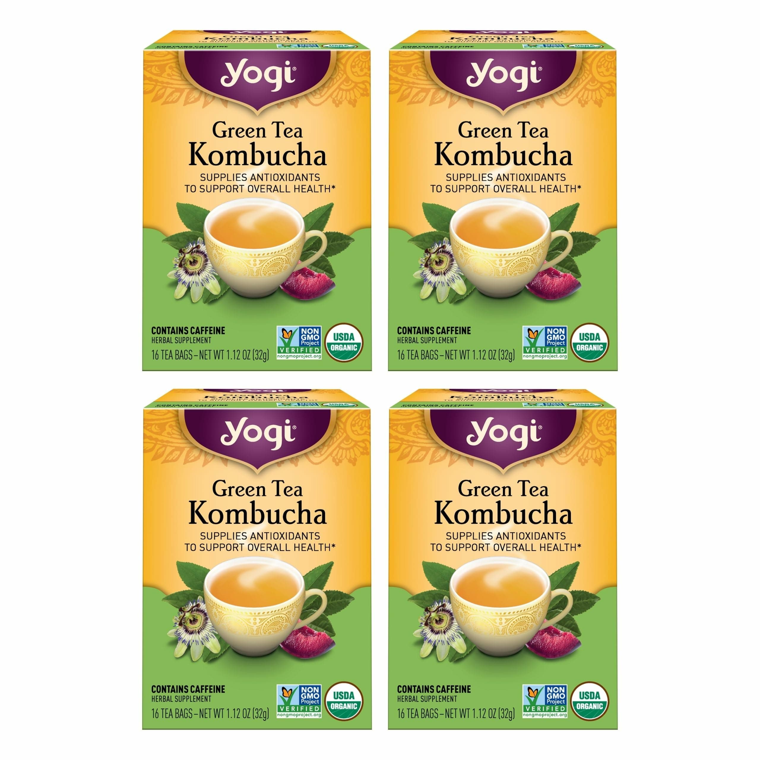 Yogi Tea Green Kombucha Tea - 16 Bags per Pack (4 Packs) - Organic - With Kombucha to Support Overall Health - Includes Lemongrass, Spearmint Leaf & More