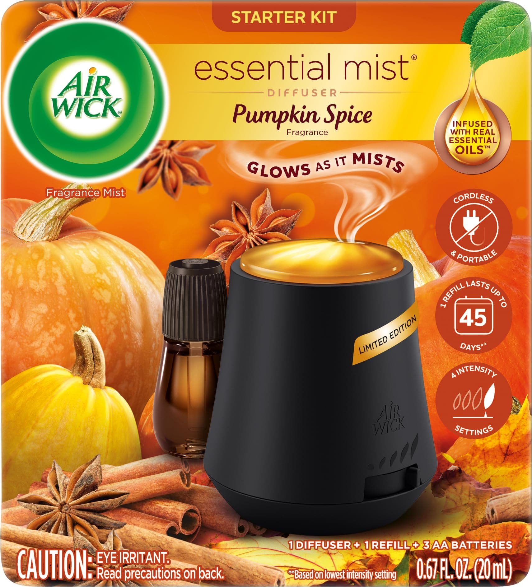 Essential Mist Starter Kit (Diffuser + Refill), Pumpkin Spice, Fall Scent, Fall Spray, Essential Oils Diffuser, Air Freshener