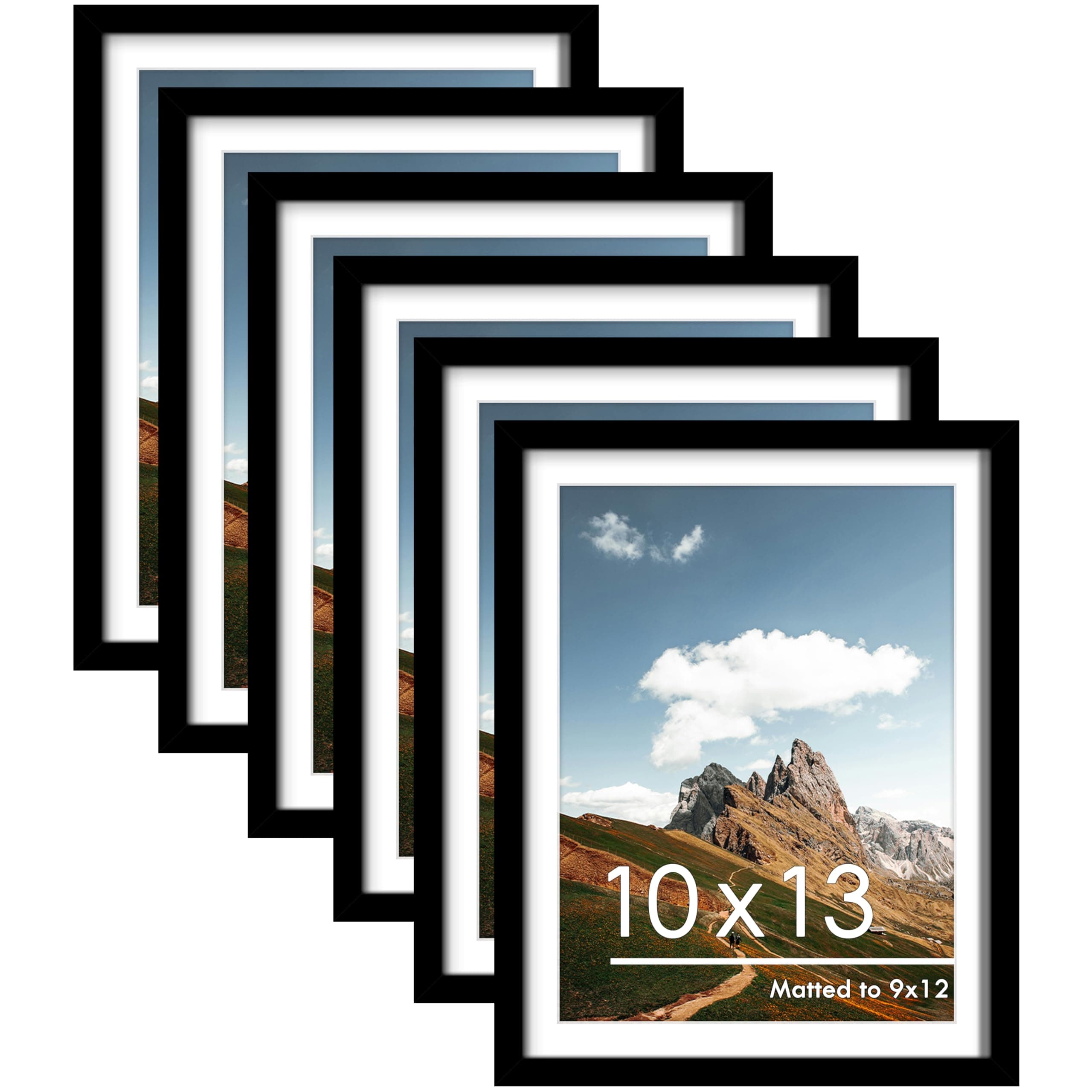 PEALSN 10x13 Picture Frames Set of 6, Display Pictures 9x12 with Mat or 10x13 without Mat for Wall Mounting or Table Top, Photo Frames Collage for Wall Decor, Black.