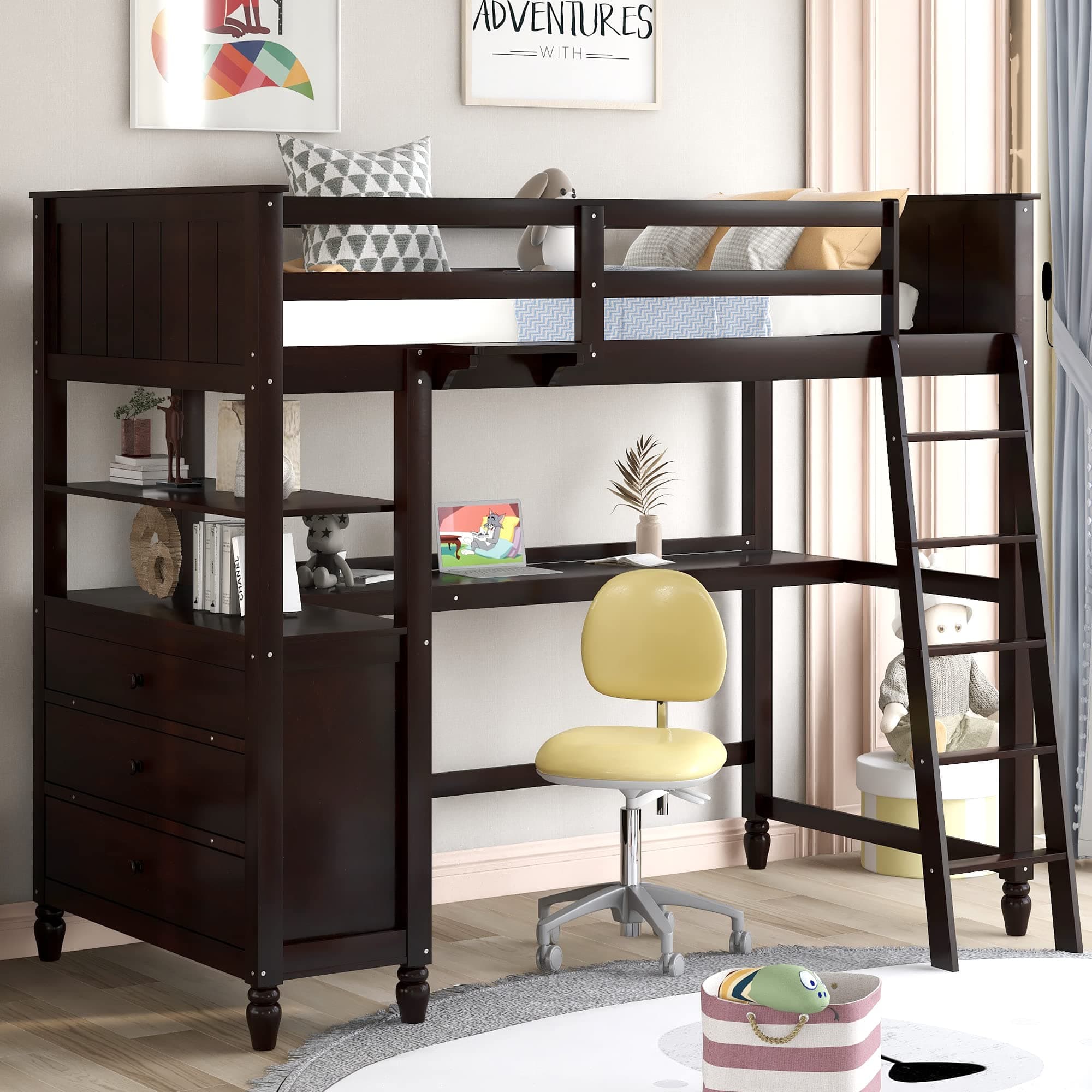 Chic Kids Loft Beds,Twin Size Loft Bed Pine Wood Frame Bed with Drawers and Desk,Storage Shelves,with Guardrail and Ladder,for Kids Boys Girls Teens (Espresso#P)