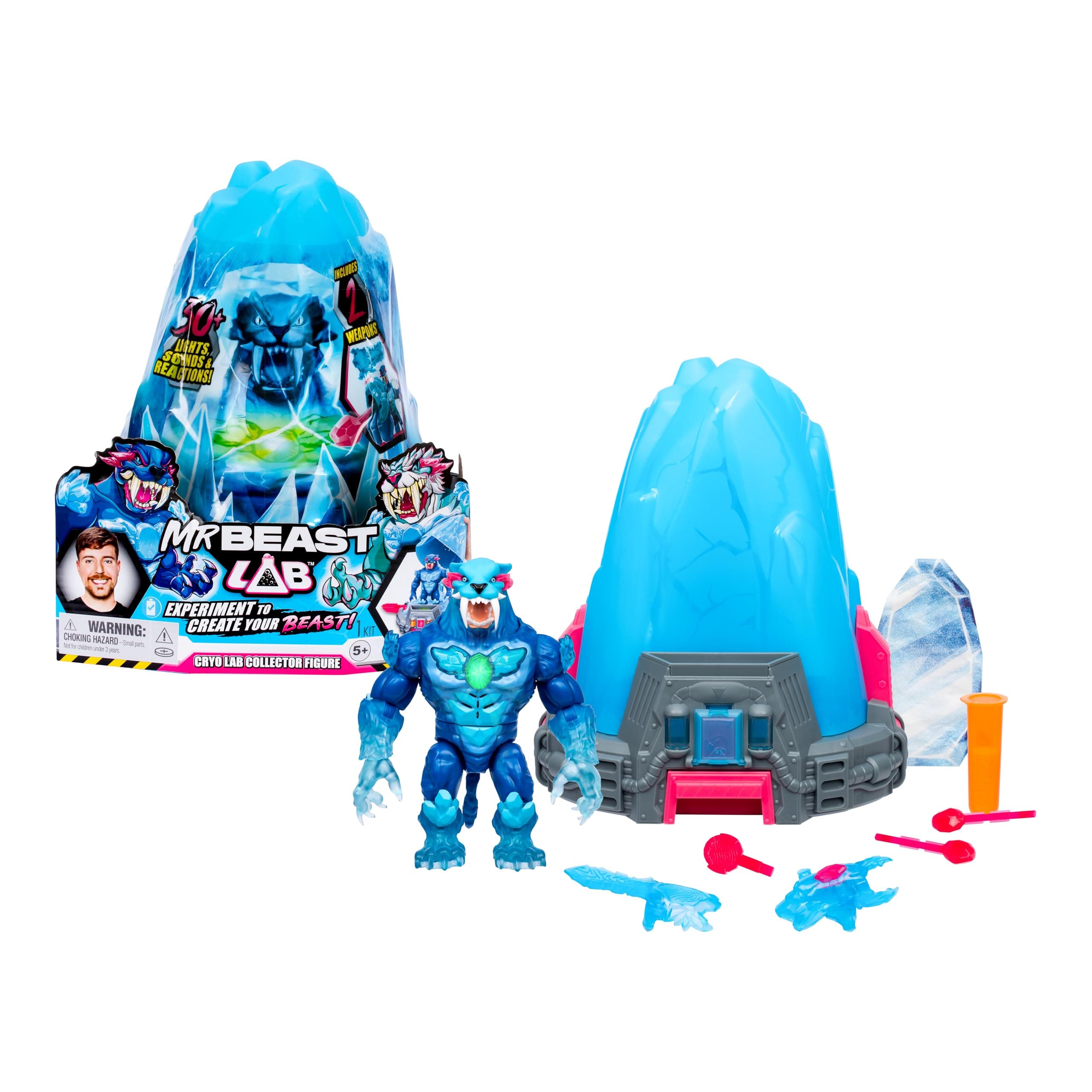 MrBeast Lab Melt The Ice to Release A Beast with The Cryo Lab Collector Figure, 7inch/18cm Figure with 30+ Lights, Sounds and Reactions, Includes 2 Weapons, 2 Big Cat Figures to Collect