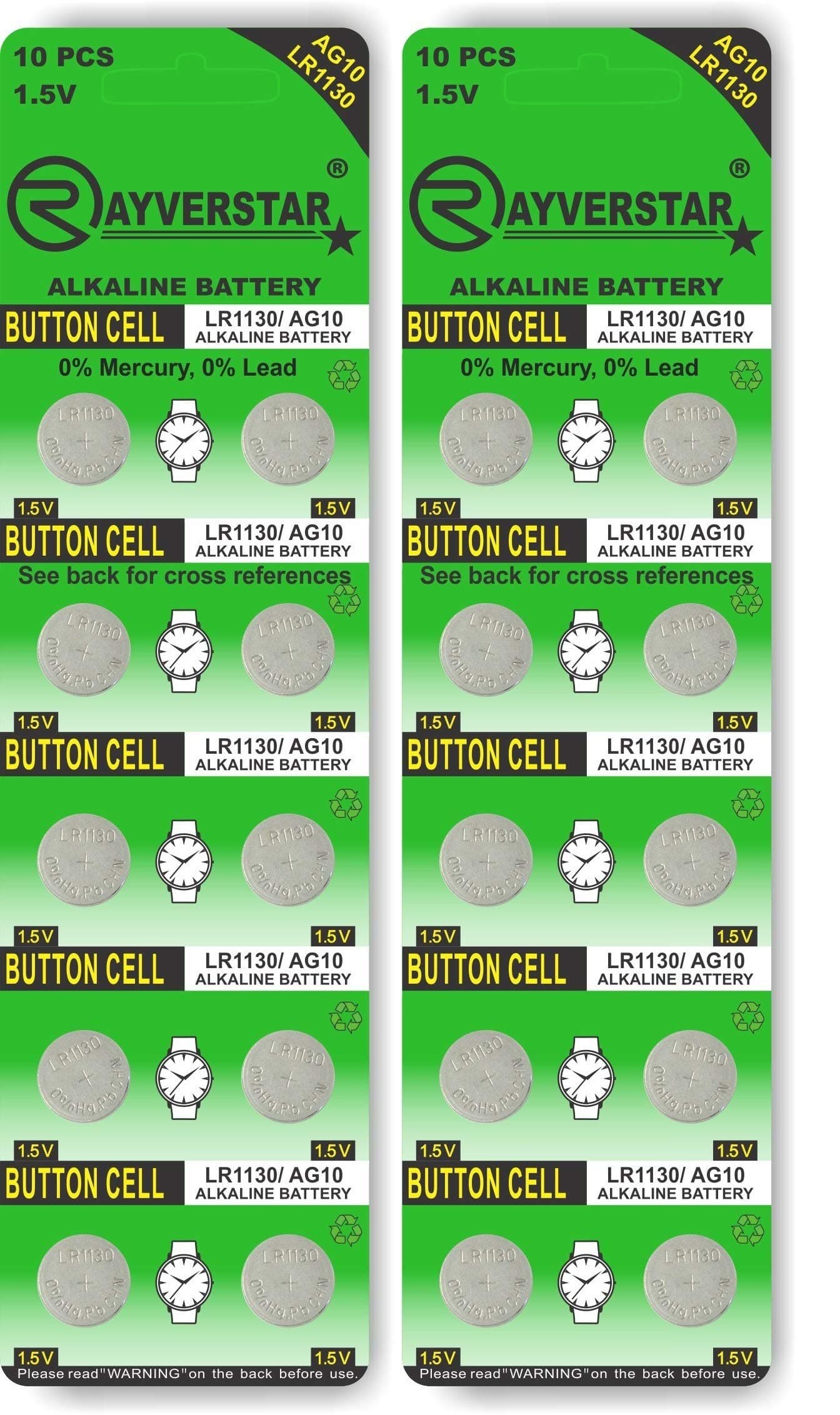 Rayverstar LR1130 AG10 1.5V Alkaline, 20 Batteries Fits: L1131, 189, 389, 390, 534, 554, 603 (Full List Below)
