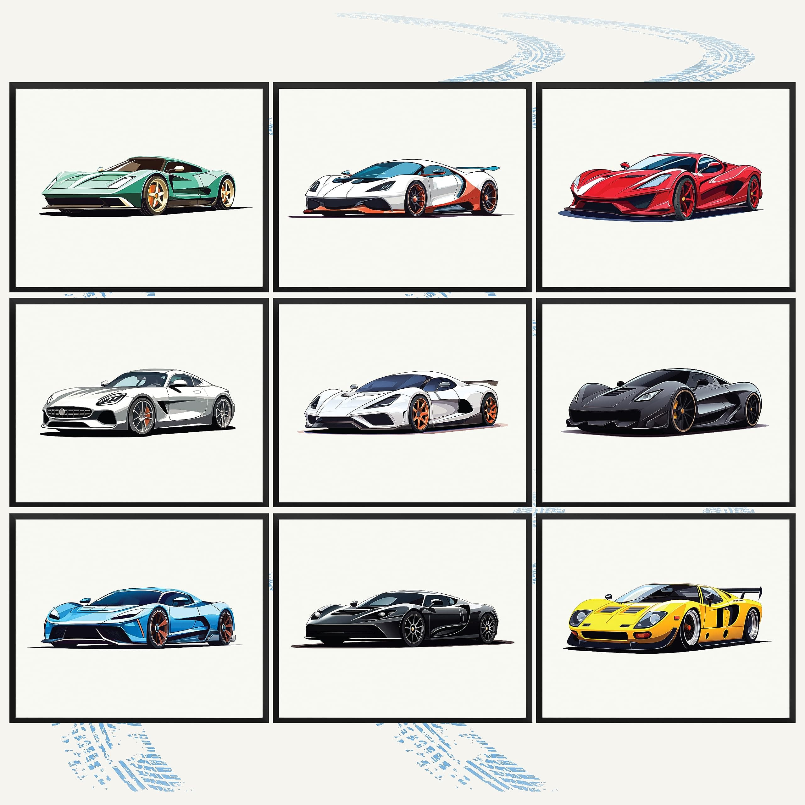 97 Decor Super Car Posters for Boys Room - Modern Car Wall Art Prints, Sport Cars Poster for Men, Racing Cars Room Decor for Teen Boys Bedroom, Cool Supercars Artwork Pictures (8x10 UNFRAMED)