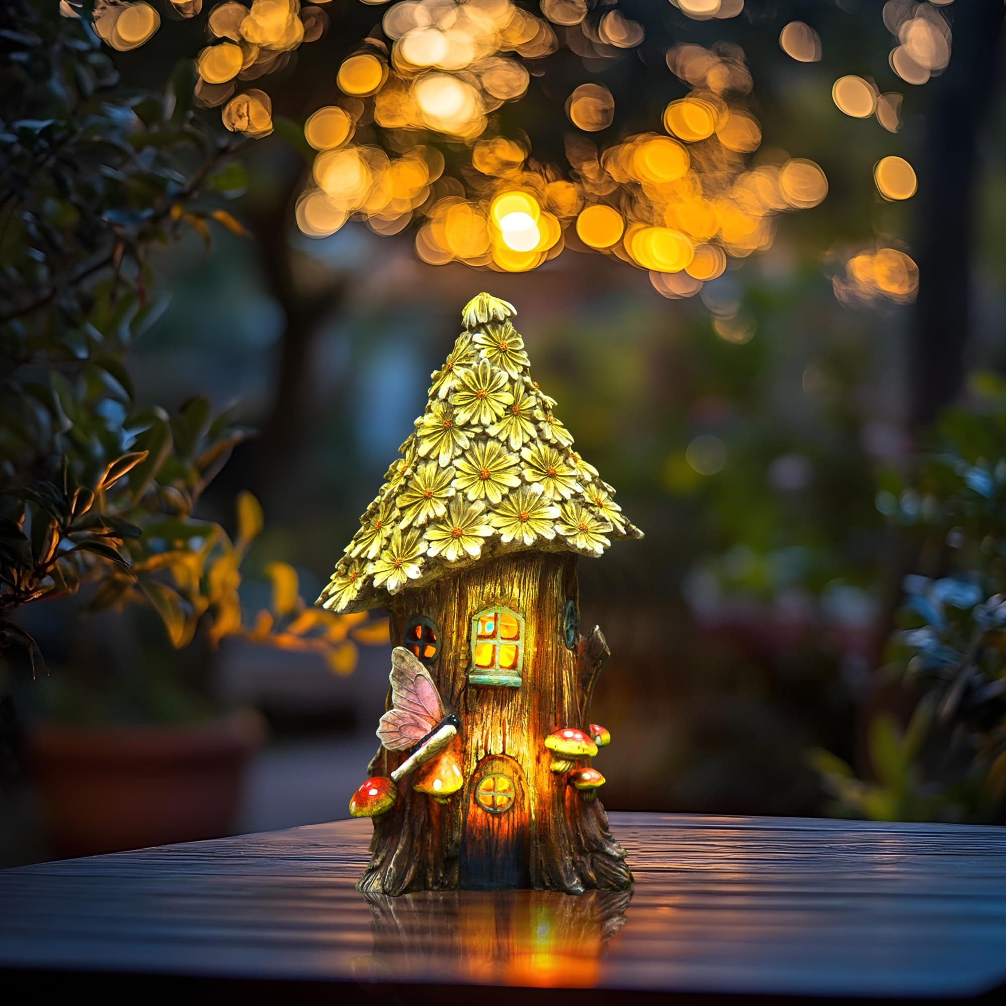 Topadorn Resin Fairy House Statue Garden Flower Solar Powered Garden Statue Fairy House for Outdoor Decor,Yellow Wild Chrysanthemum