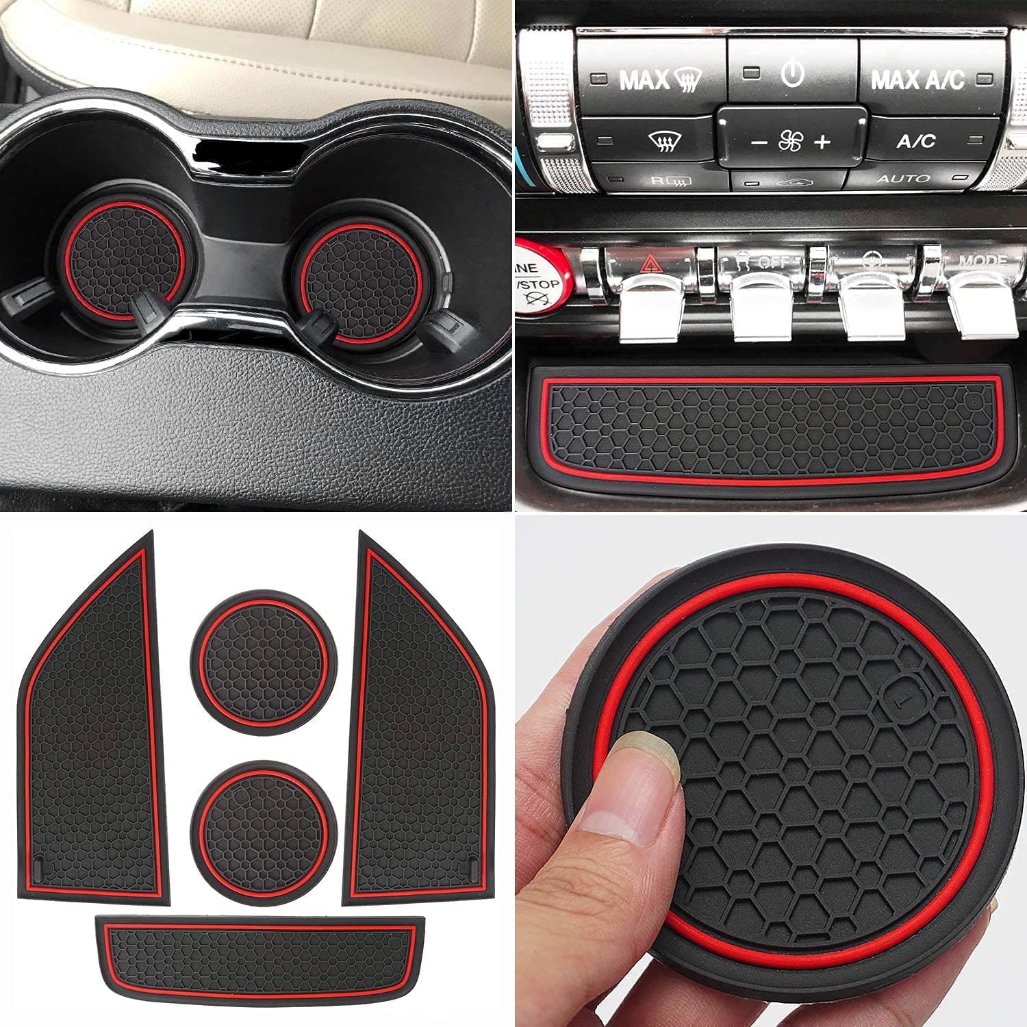 Auprite Non-Slip Anti Dust Mats for Ford Mustang 2015-2020, Custom Fits Cup Holder Liners Mats Door Pocket Center Console Liners (Red)