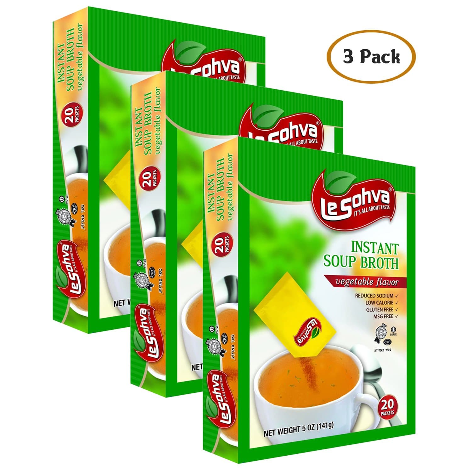 LeSohva Instant Soup Broth Chicken & Vegetable Flavor, MSG / Gluten Free, 20 Packets / Servings (3pk Vegetable)