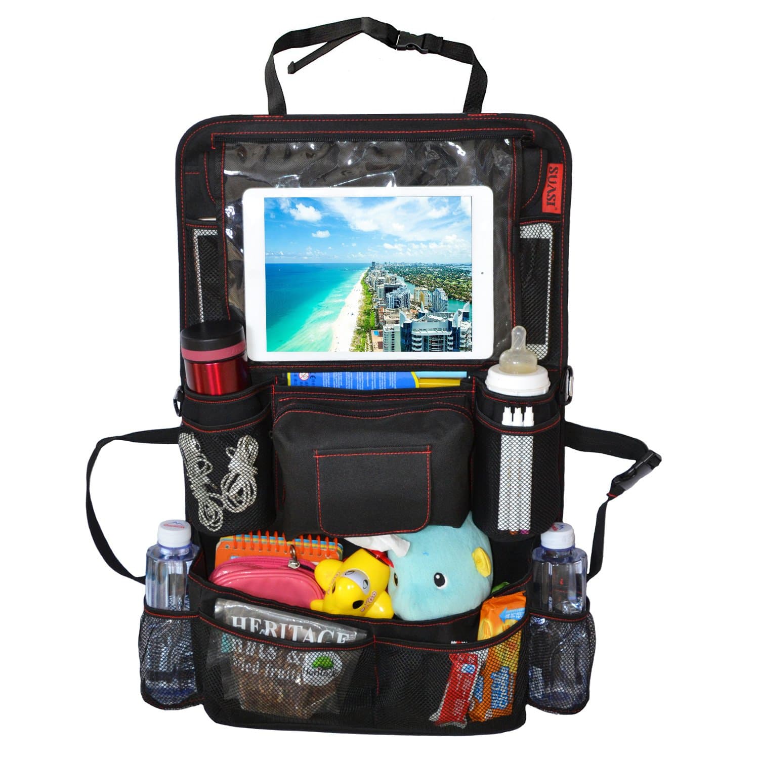 SUASI Car BackSeat Organizer for Baby Kids with Ipad Holder Foldable for Stroller Organizer with Tablet DVD Holder Wet Wipes Kids Toy Storage,15pockets Great for Trave