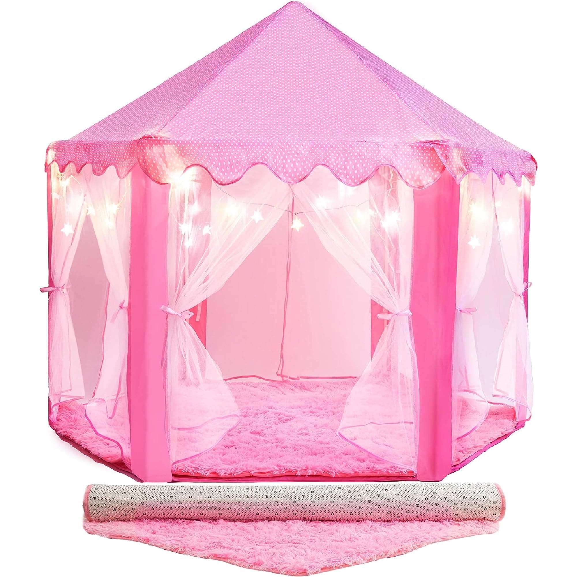 PLAYVIBE Princess Tent for Kids - Includes Ultra Soft Rug & LED Star Lights | Princess Castle Little Girls Play Tent | ASTM Certified | 55 X 53 Inch | Kid Playhouse Toys | for 3/4/5/6/7/8/9 Year Old