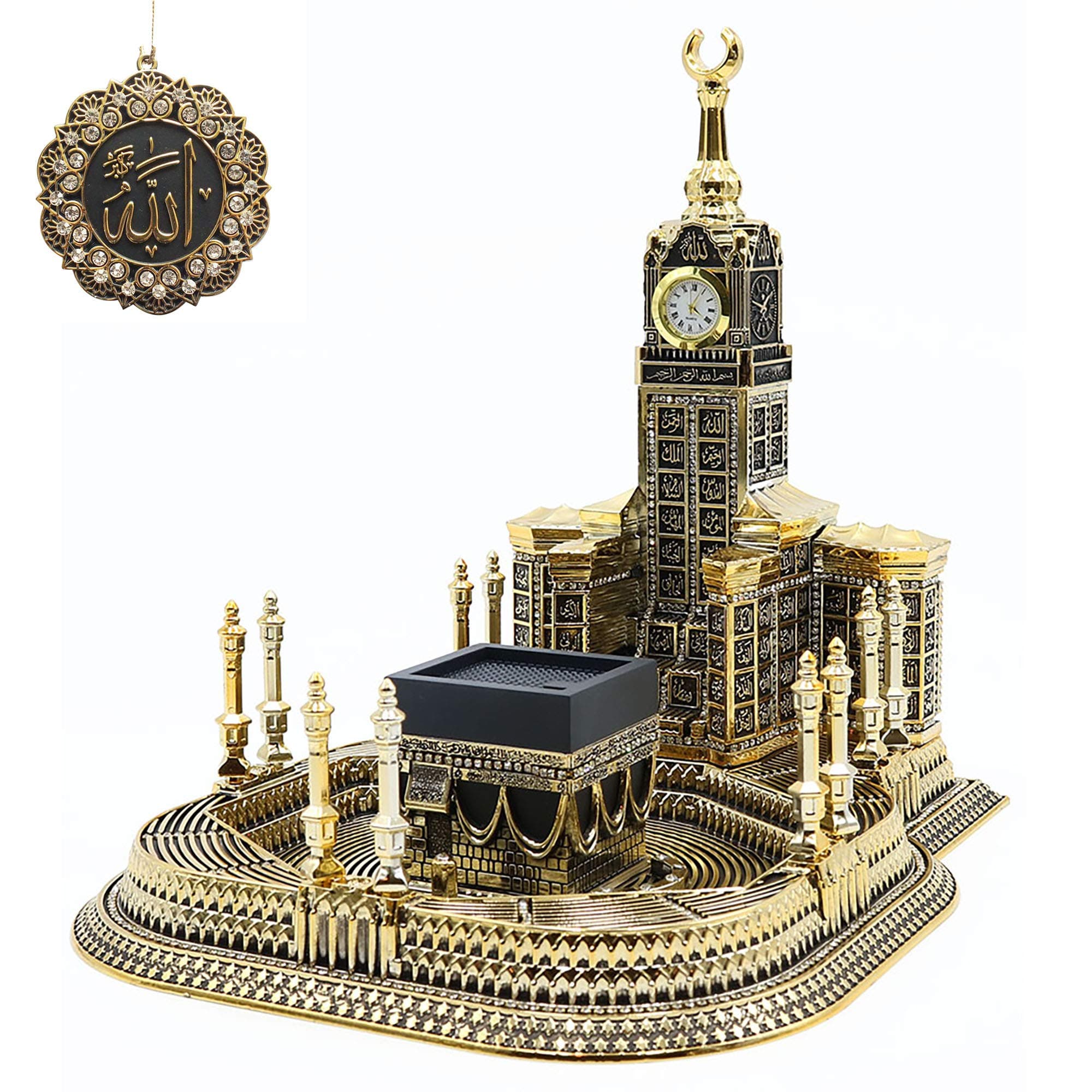Modefa Islamic Table Decor – Kaba Clock Tower Replica with 99 Names of Allah & Car Hanger - Muslim Home Decor - Islamic Art Muslim Gifts for Ramadan, Eid Decoration - Gold (Large)