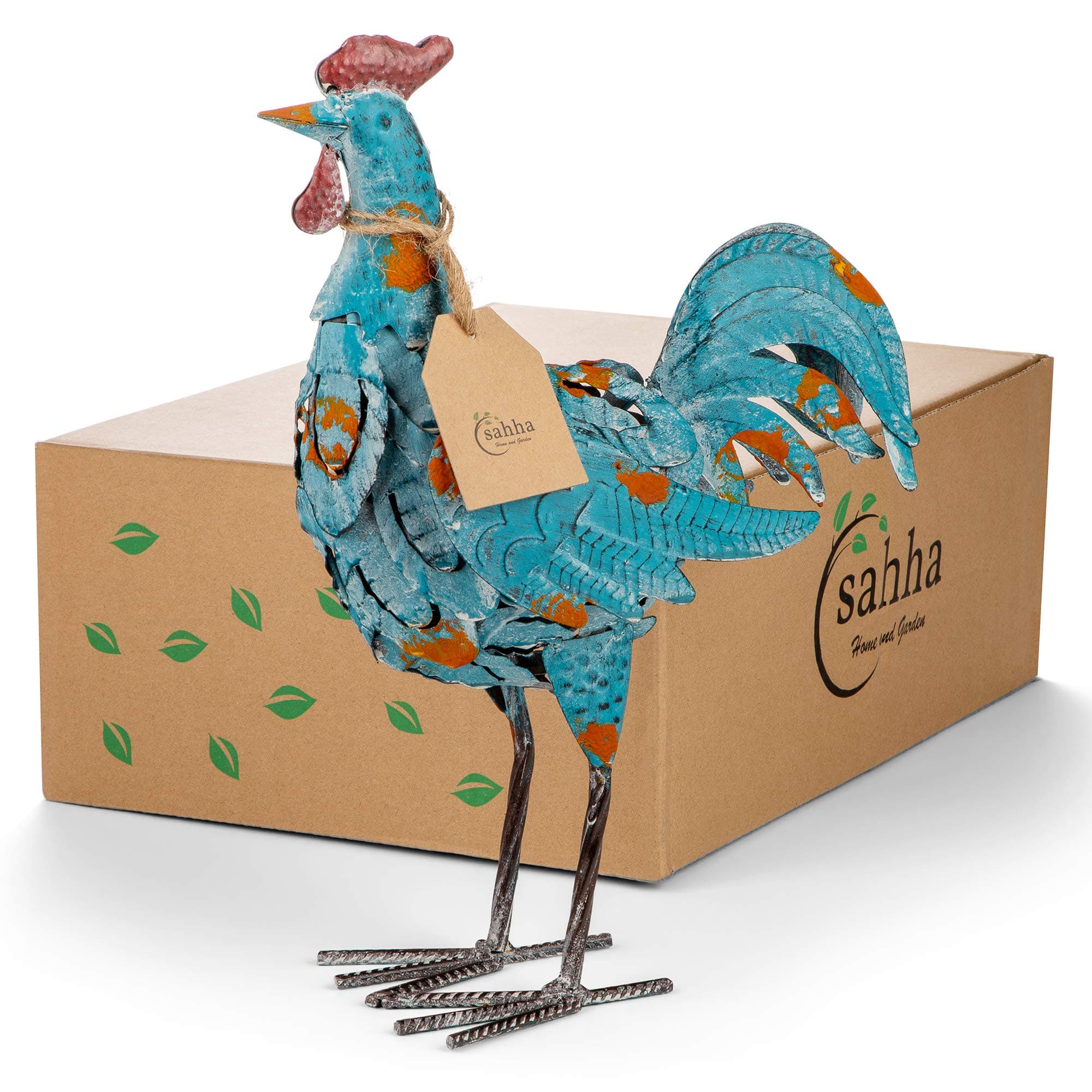 Decorative Metal Rooster, Blue, 14.5”, for Home, Kitchen, Dining Room Decor - Rooster Statue Figurines - Farmhouse Chic, Colorful, Rustic - Vintage Roosters for Countertops - Garden Ornament