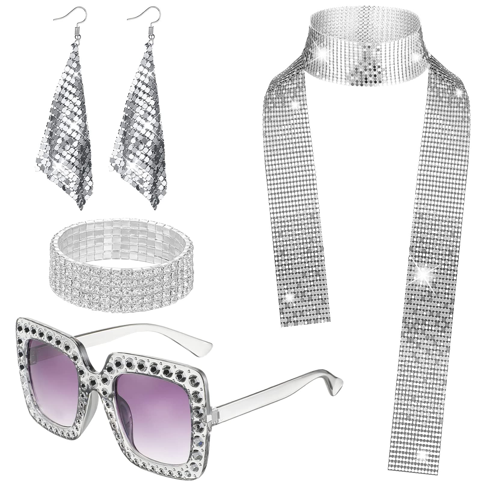 3 Pcs Disco Accessories Set, 1970 Disco Costume Set with Bling Long Scarf Earrings Rhinestone Sunglasses for Women Girls 70s 80s Theme Party Supplies