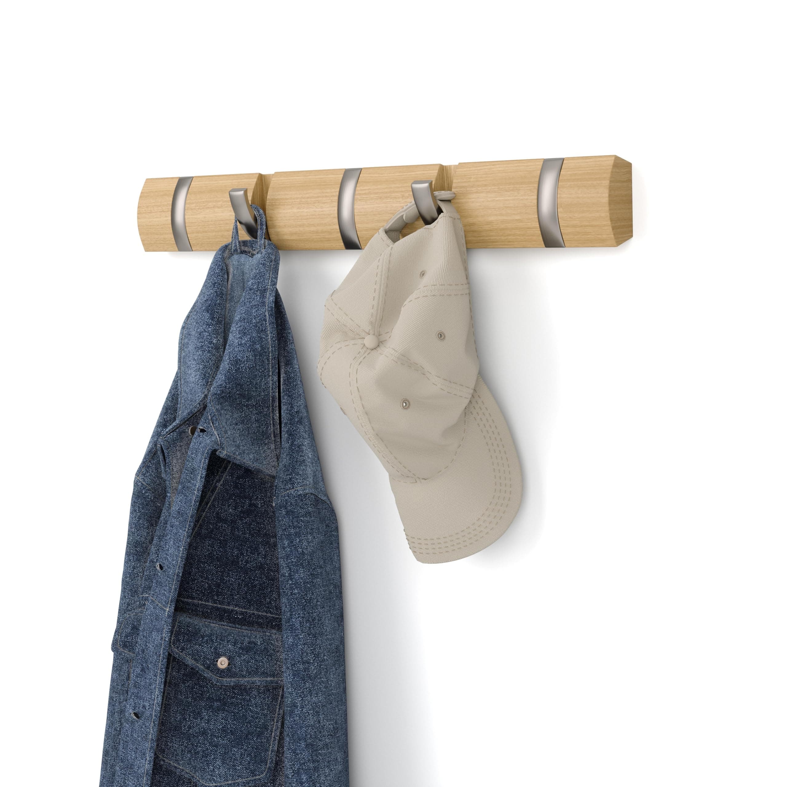 Flip Wall-Mounted Coat Rack with 5 Hooks – Modern, Space-Saving Storage for Hats, Jackets, Bags, Entryway, Mudroom, Closet, Bathroom, Bedroom – Natural/Nickel