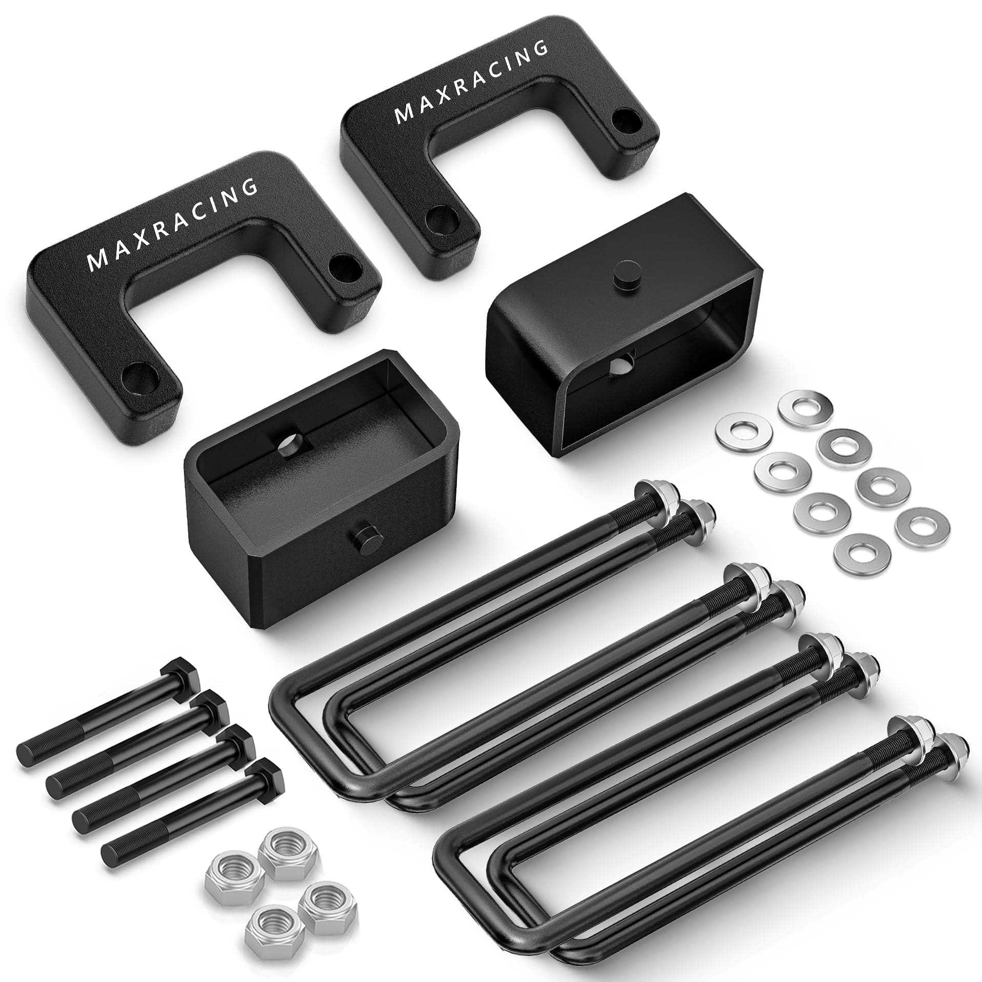 MAXRACING 2" Front + 2" Rear Leveling Kit Compatible with 2007-2026 Chevy Silverado 1500/GMC Sierra 1500, 2" Front Strut Spacer and 2" Rear Lift Block with Extended U Bolts