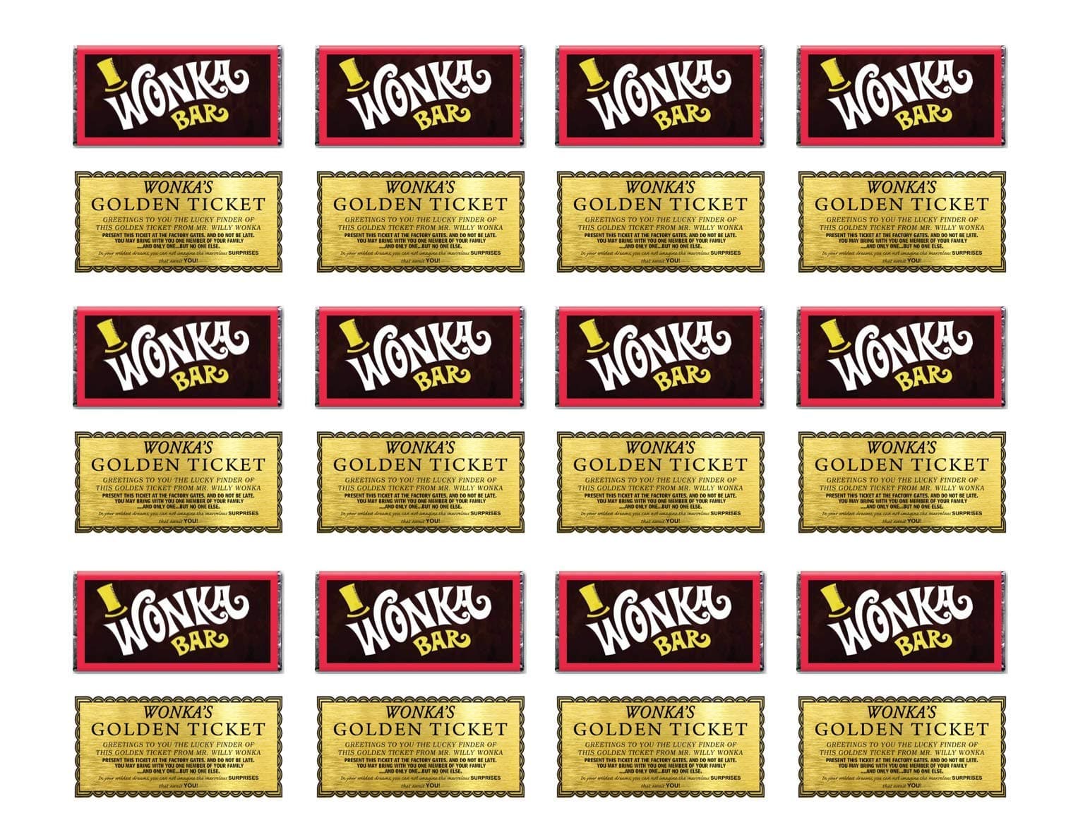 24 Wonka bar and Golden Ticket Cupcake Topper Icing or Wafer or Wafer Card Stand up 2 inch x 1 inch