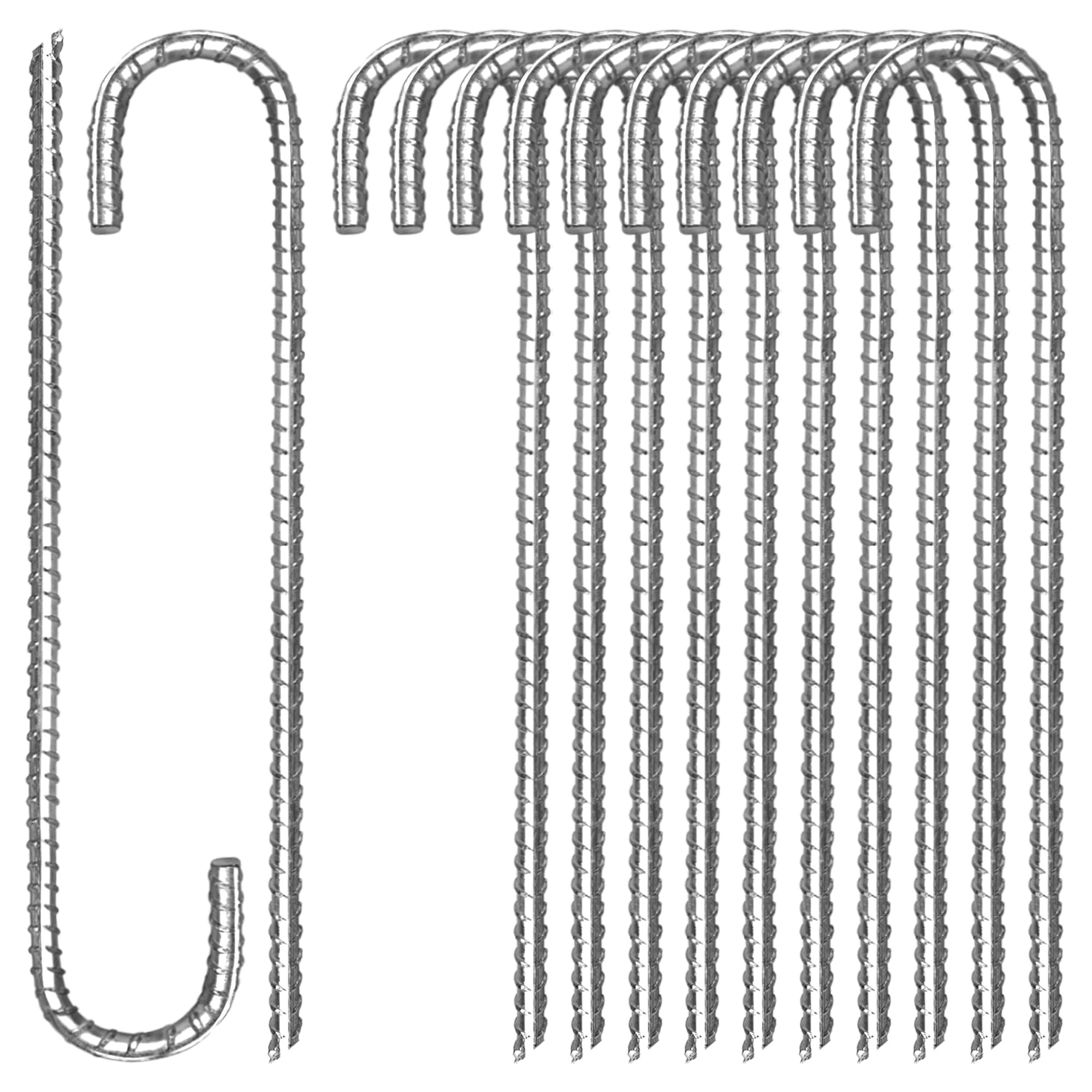 Toopify 12 Pack Rebar Stakes, 12 Inch Heavy Duty J Hook Galvanized Ground Anchors, Anti Rust Metal Steel Tent Stakes Garden Fence Stakes, Silver
