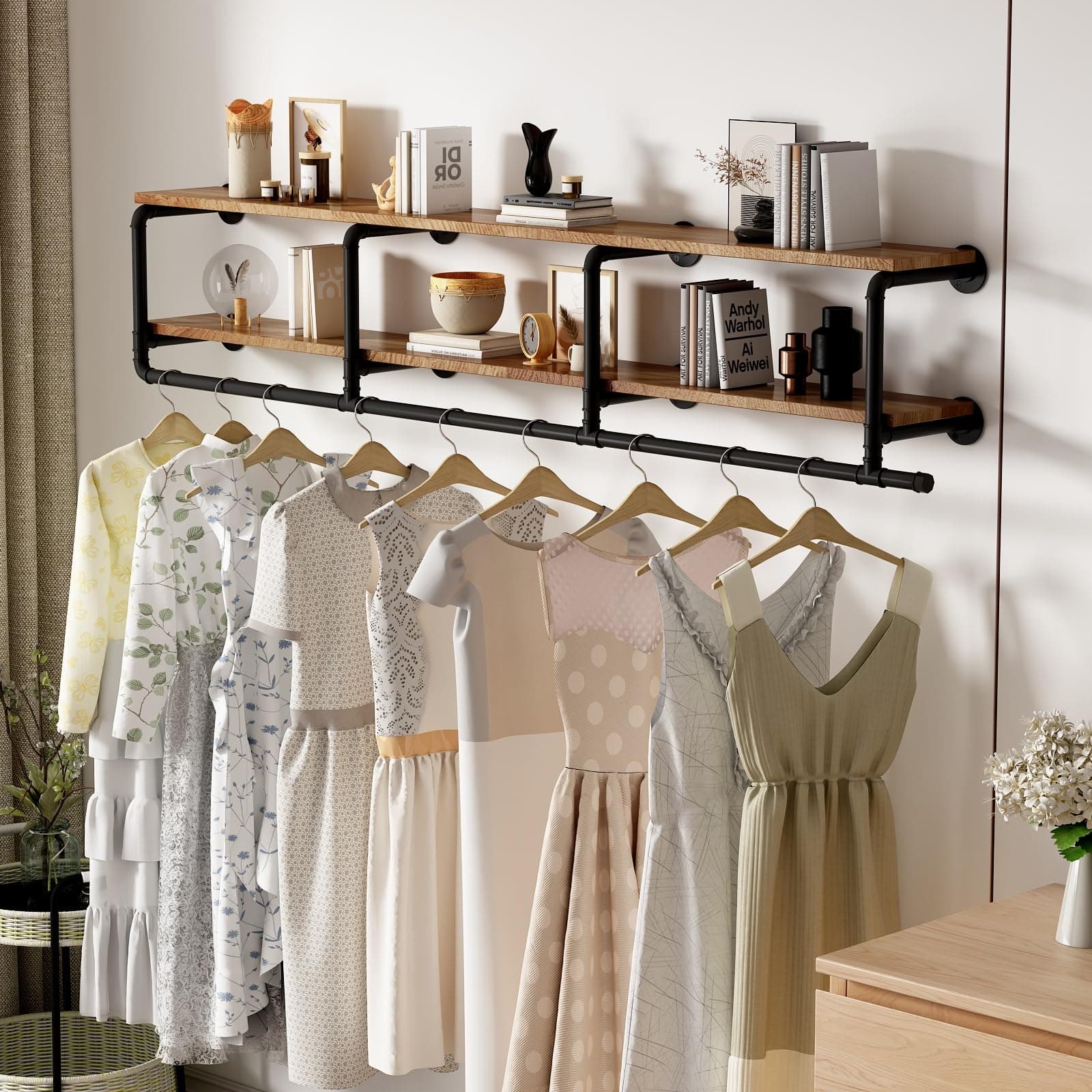 ORSENIGO Industrial Pipe Clothing Rack with Shelves, Black Wall Mounted Clothes Rack Heavy Duty Display Garment Rack for Home Retail