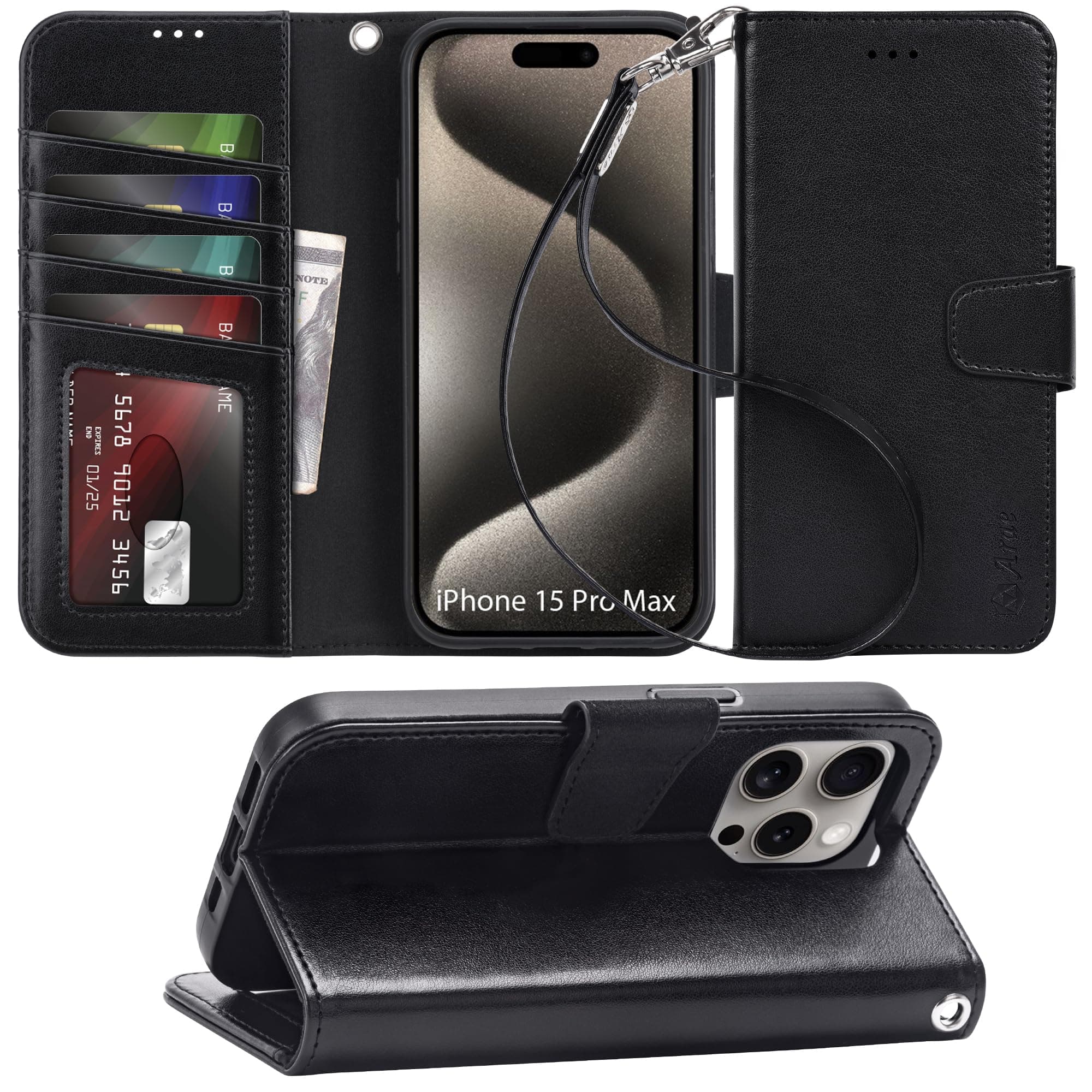 Arae Compatible with iPhone 15 Pro Max Case Wallet Flip Cover with Card Holder and Wrist Strap for iPhone 15 Pro Max 6.7 Inch, Black