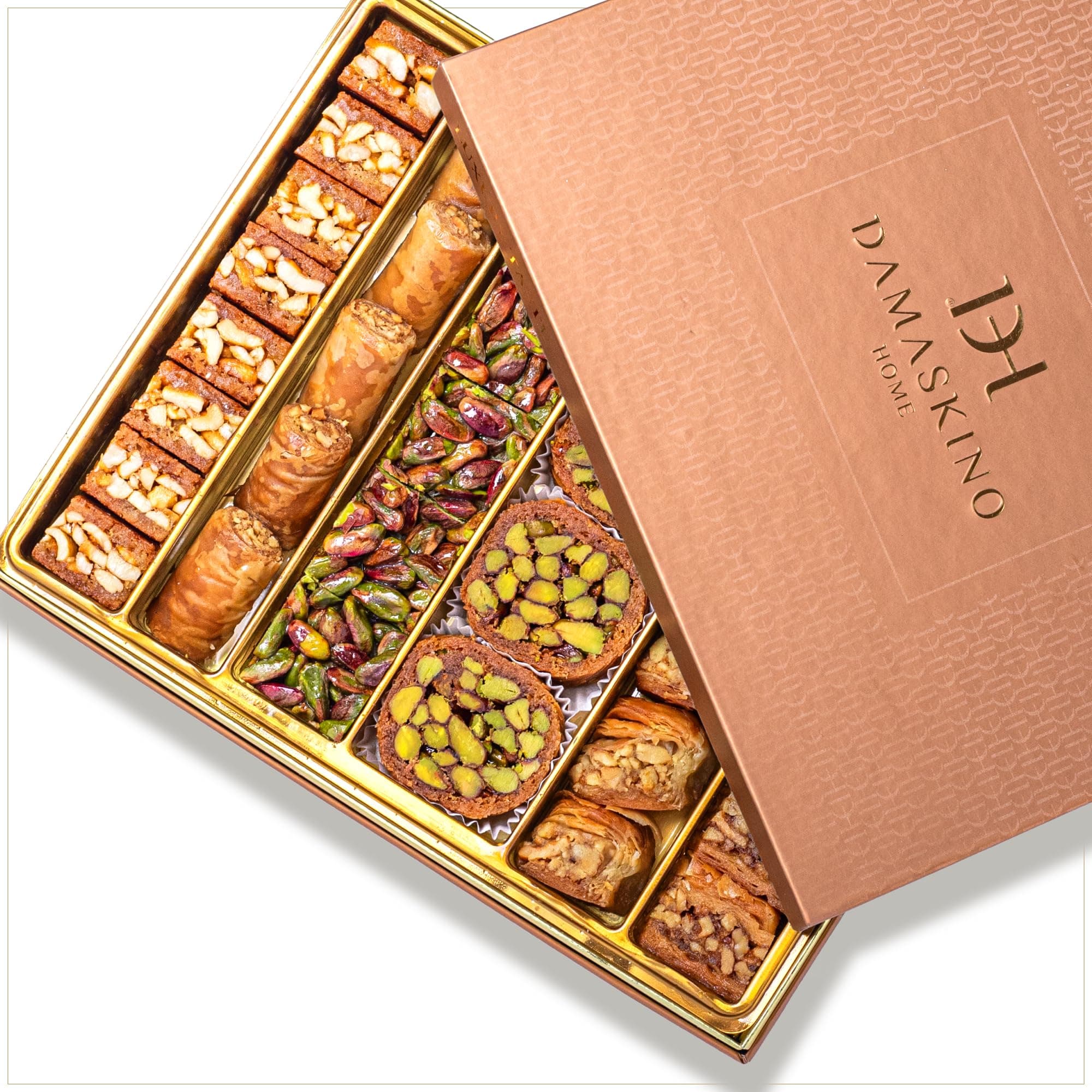 Damaskino Home Assorted Turkish Baklava Gift Box – 1.1lb (500g) 35 Pieces – Traditional Pistachio Baklava Pastry with Walnut & Cashew Fillings – Authentic Middle Eastern Sweets – Pistachio Gift Box