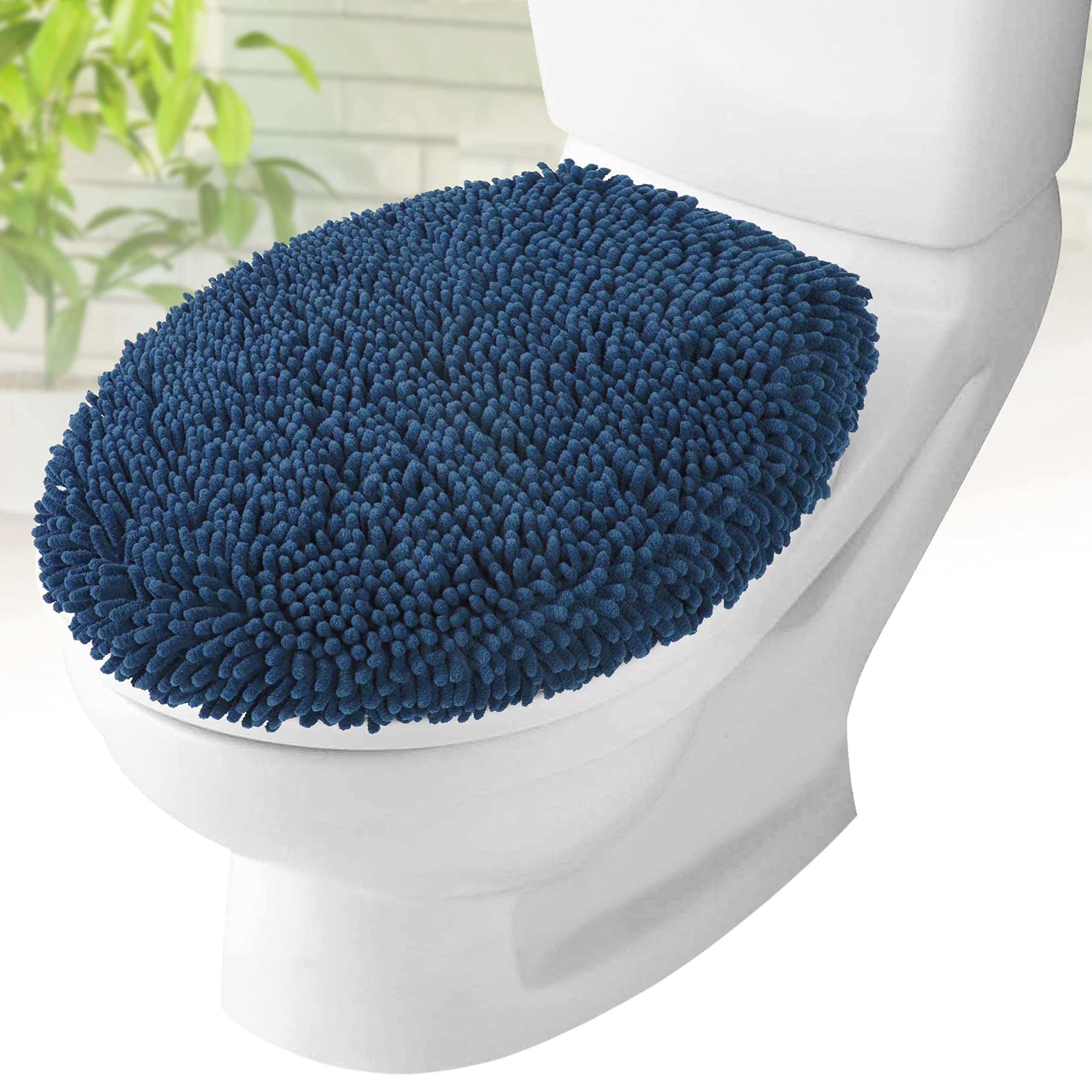 Toilet Lid Cover - Dark Blue, Plush Microfiber Oval Toilet Seat Covers for Bathroom, Machine Washable Elongated Toilet Cover Seat, Stretches up to 21"x19"