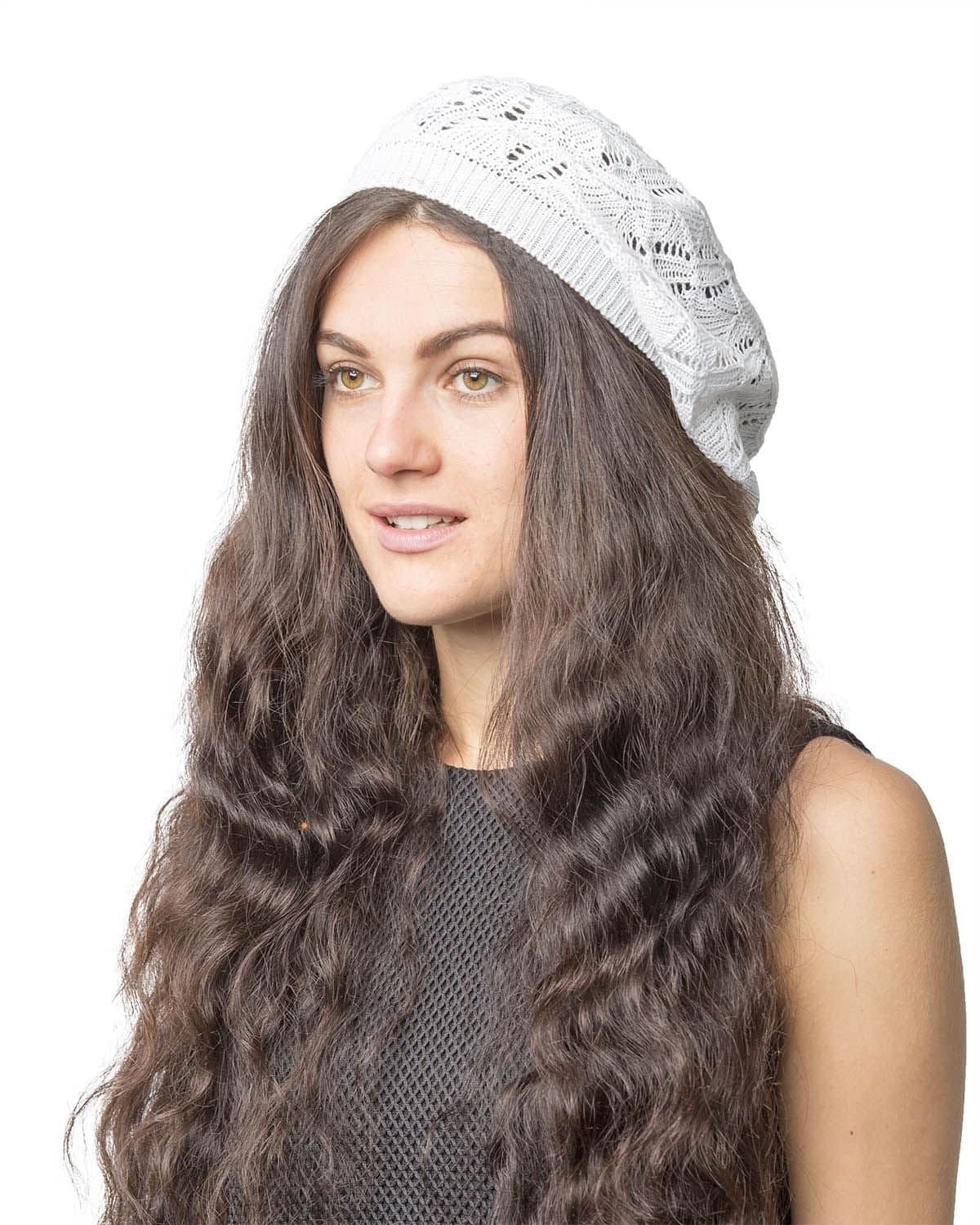 Basic SenseClassic Vintage Lightweight Super Soft Cotton Crochet Beanie Knit Slouchy Beret Hat, Triangle-White