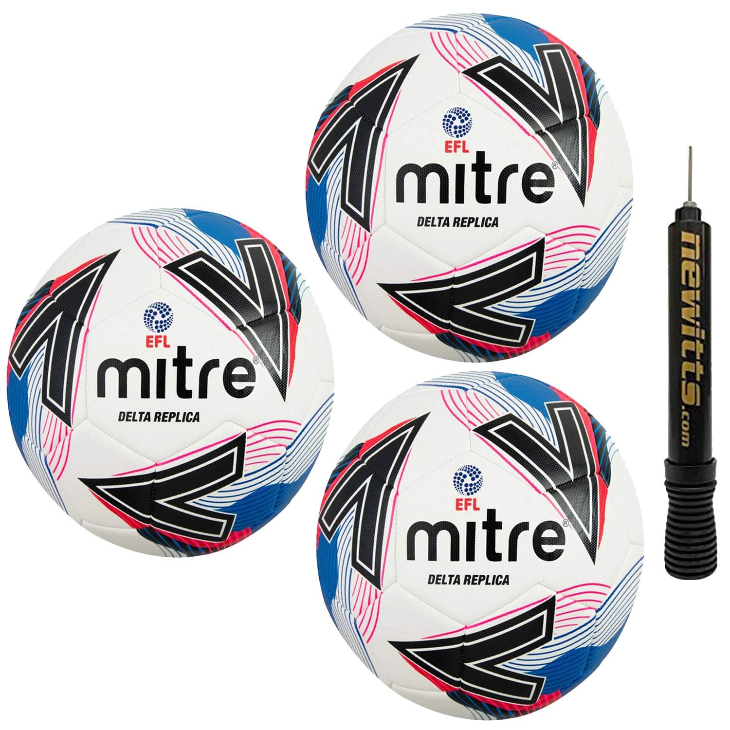 Newitts Mitre Delta Replica EFL Footballs [Pack of 3] • Includes Ball Pump • The Official Replica of the EFL Delta [SELECT YOUR SIZE & COLOUR]