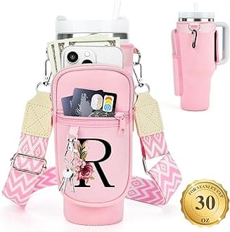 LOKASS Water Bottle Holder with Strap for Stanley Cup 30 oz Tumbler with Handle, Personalized Initial Gift, Water Bottle Carrier Bag with Phone Pocket & Carabiner for Stanley Cup Accessories