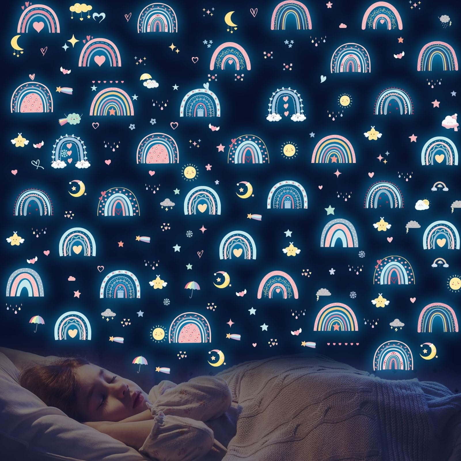 Glow in The Dark Boho Rainbow Wall Decals,Glowing Luminous Small Rainbow Wall Stickers Colorful Removable self-Adhesive Rainbow Sun Moon Star Heart Decals for Girls Bedroom Decoration