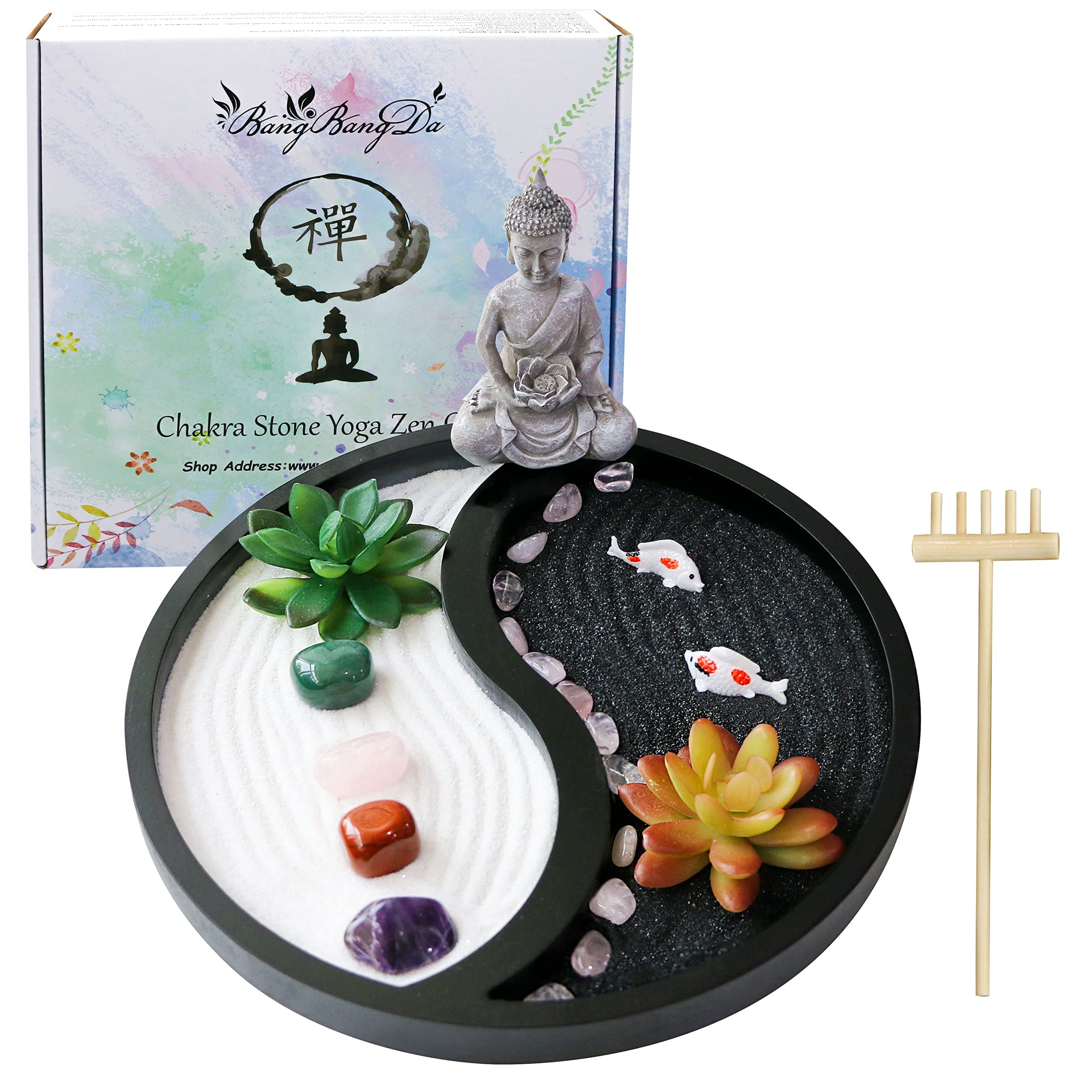 BangBangDa Buddha Meditation Zen Garden Kit - Home Office Tabletop Taiji Yin Yang Sand Garden Altar Zen Decor Zen Gifts DIY Mini Chakra Crystal Quartz Rock Garden w/ Nature Healing Stone Rake Tool