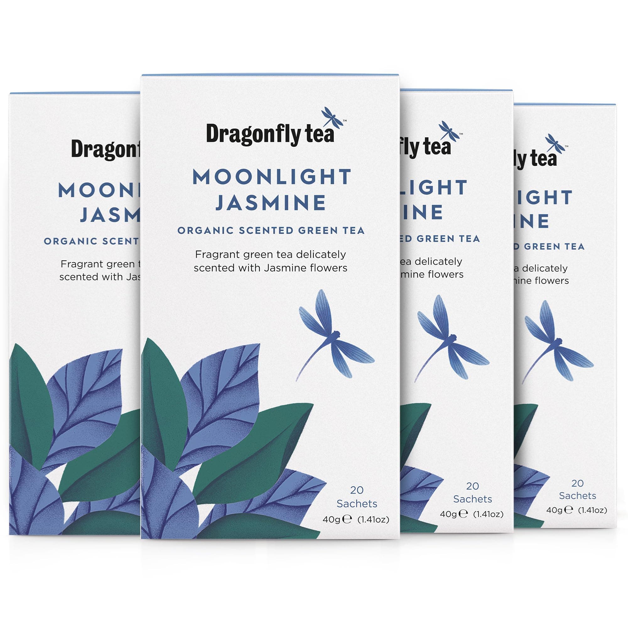 Dragonfly Moonlight Jasmine Green Tea, 80 Teabags (4 x 20) Organic, Fragrant Fine Green Tea Bags, Compostable