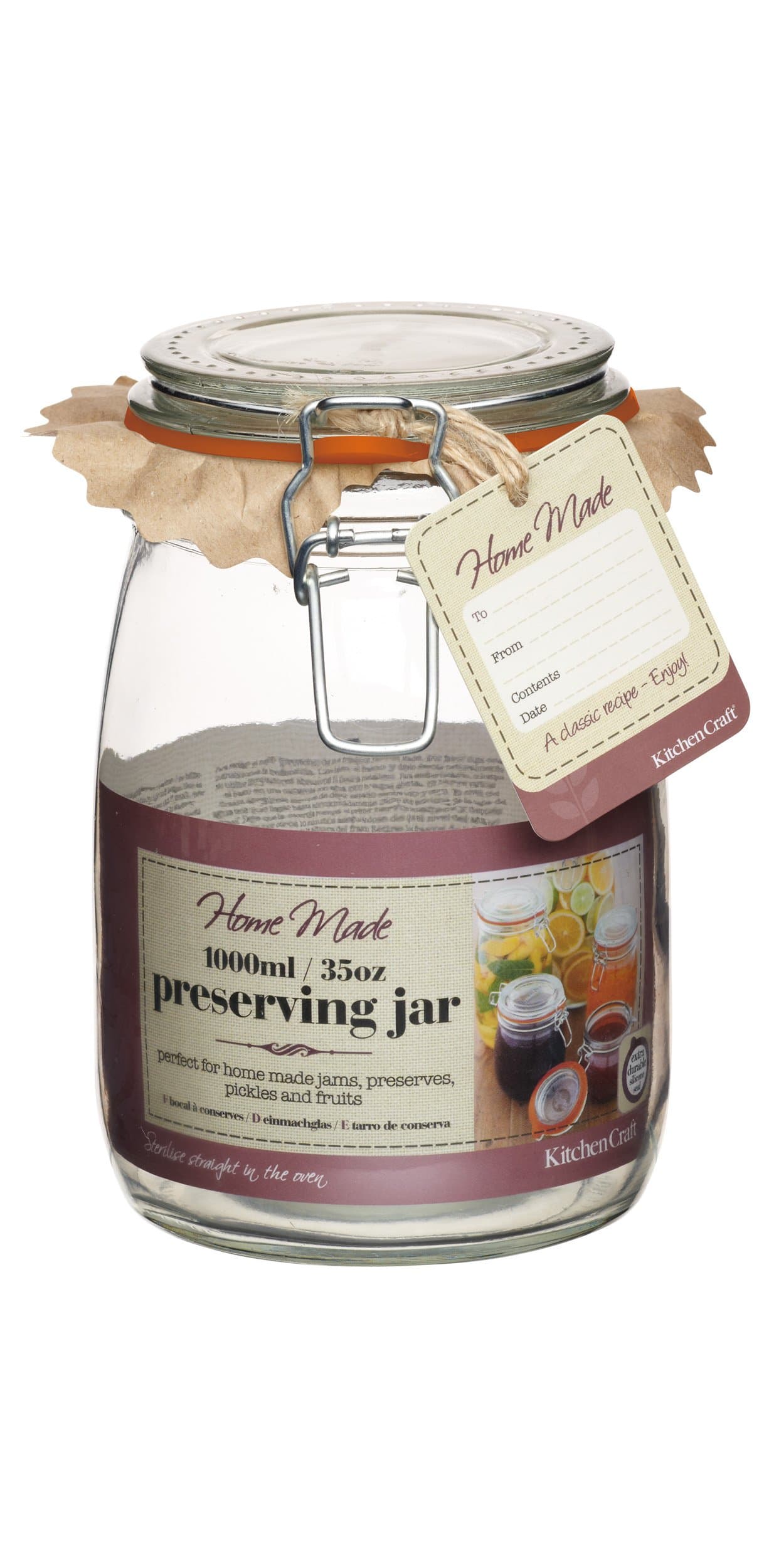 Home Made Clip Top Glass Preserving Jar, 1L Jam Jar with Airtight Metal Clip Lid, Clear Glass Jar for use with Jams, Honey, Pickles, Overnight Oats