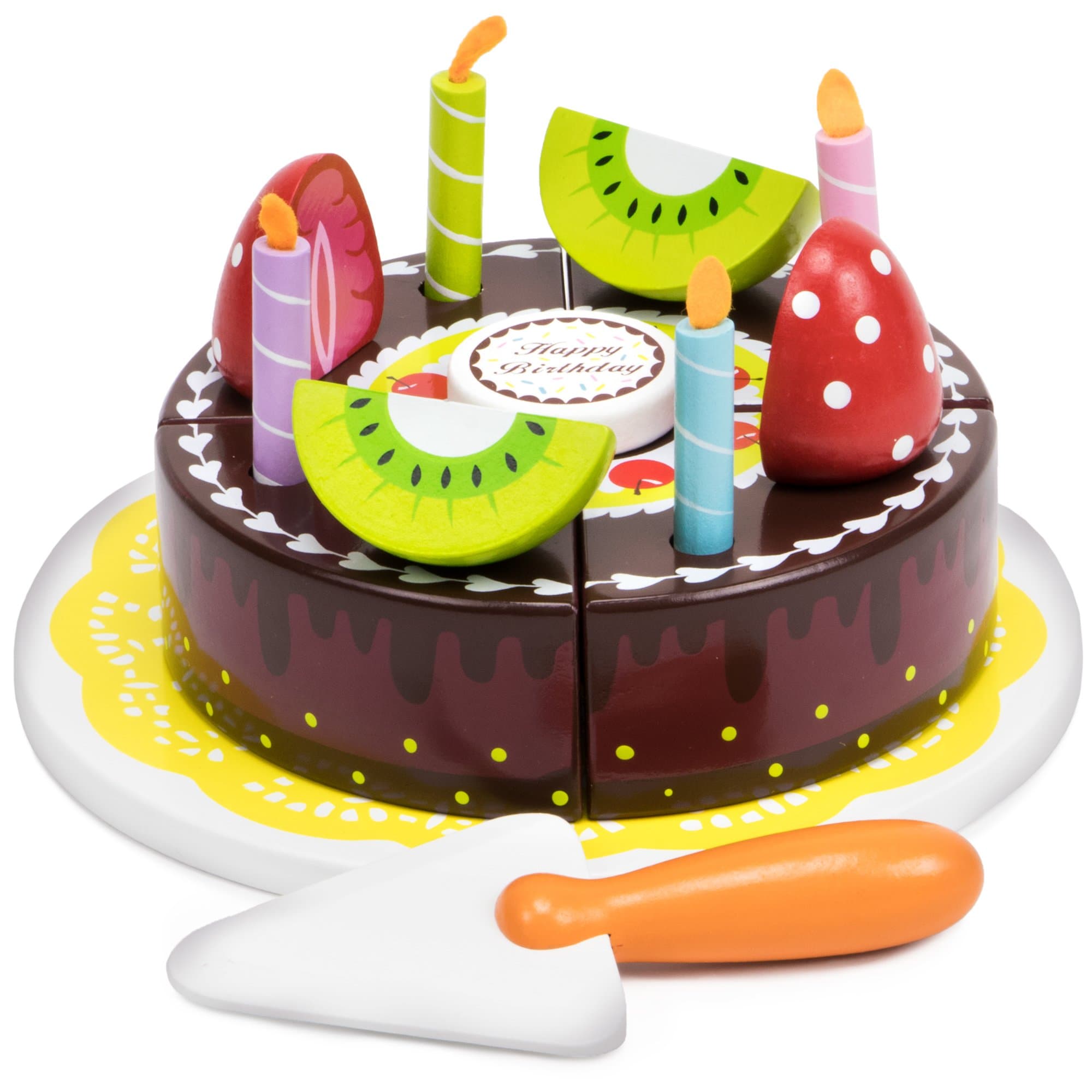 15 Piece Wood Happy Birthday Cake Set | Candles, Fruits, Serving Tool & Tray | Party Roleplaying for Kids | Chocolate