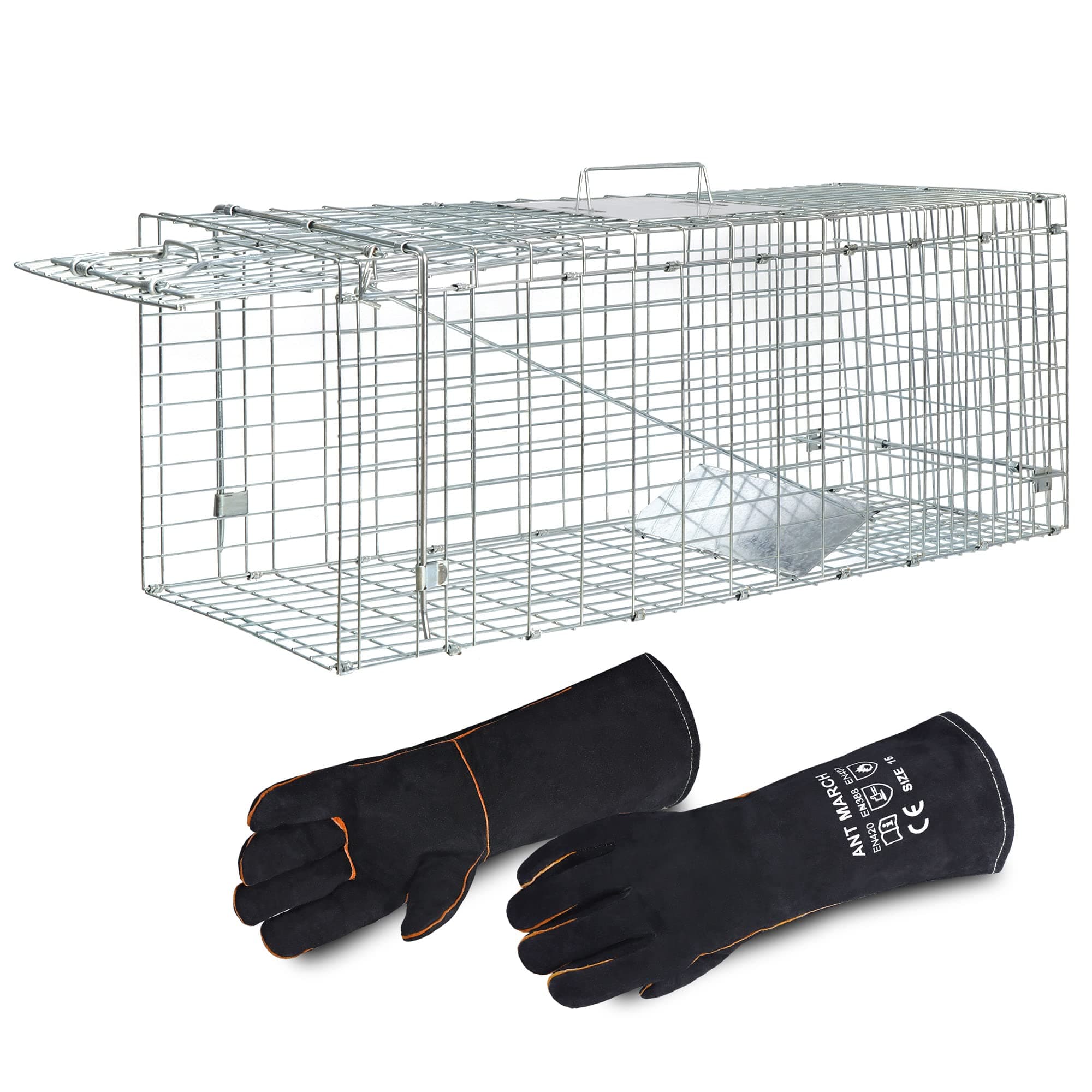 ANT MARCH Live Animal Cage Trap with Gloves 37"x13.5"x14.5" Large Steel Humane Release Rodent Cage for Rabbits, Stray Cat, Squirrel, Raccoon, Mole, Gopher, Opossum, Skunk, Chipmunks, Groundhog Squire